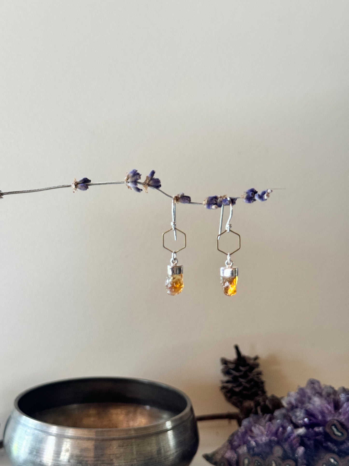 Citrine Honeycomb Earrings in Sterling Silver and Brass