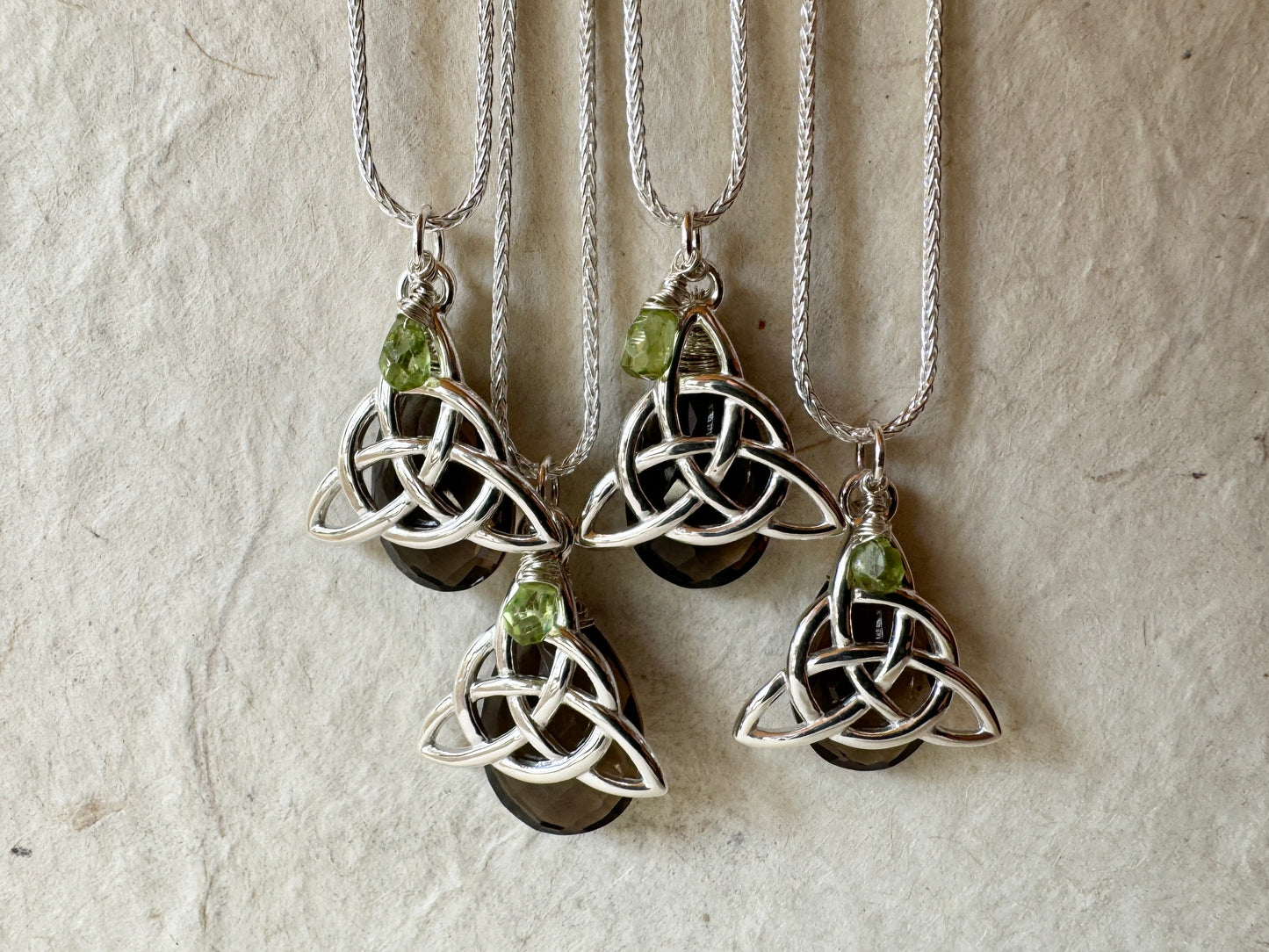 Gemstone Trinity Knot ~ Sterling Silver Charm Necklace with Smoky Quartz and Peridot Sacred Symbols Series