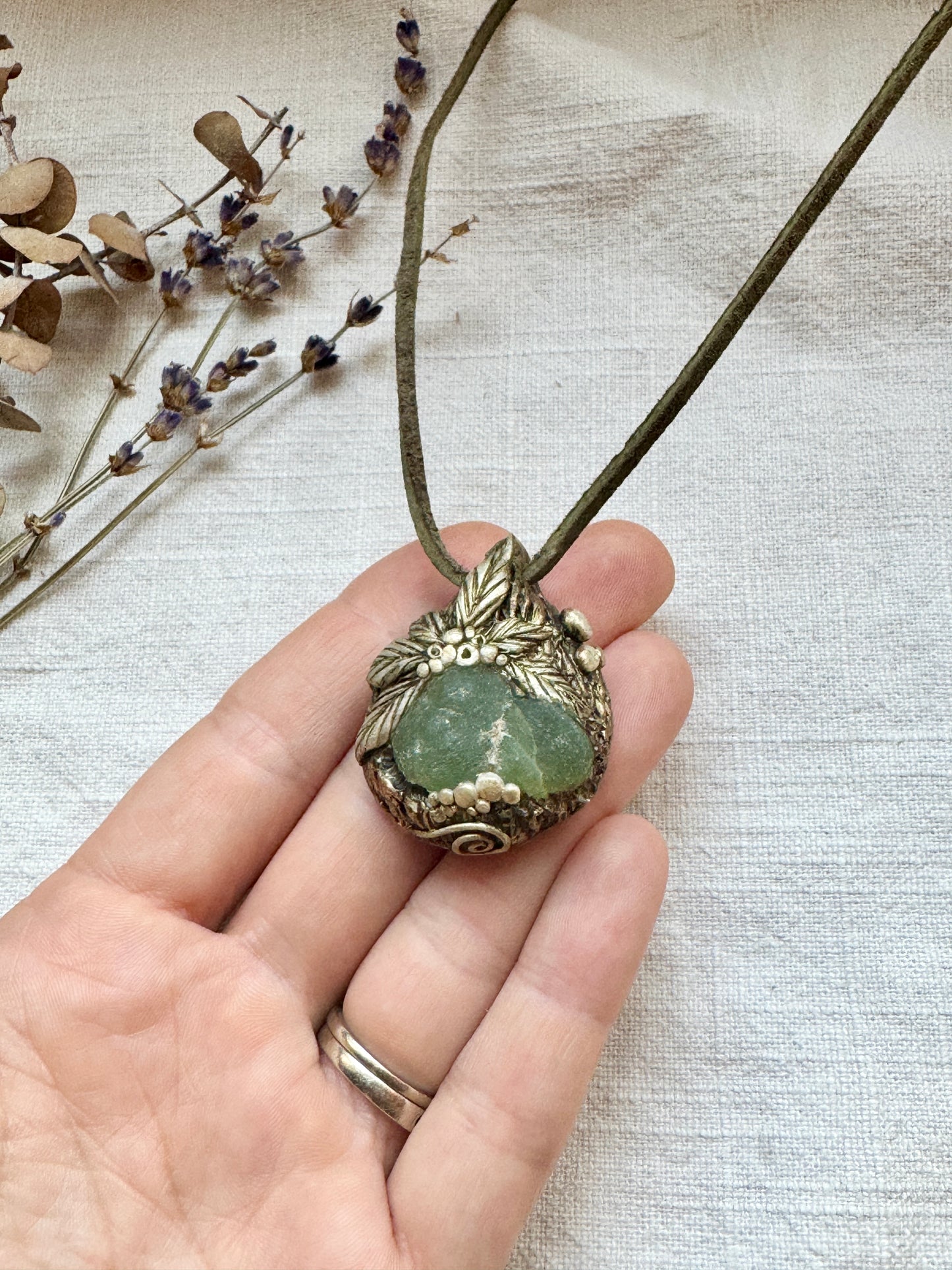 Raw Prehnite Woodland Necklace - Clay and Crystal Handmade Pendant on Green Suede Cord