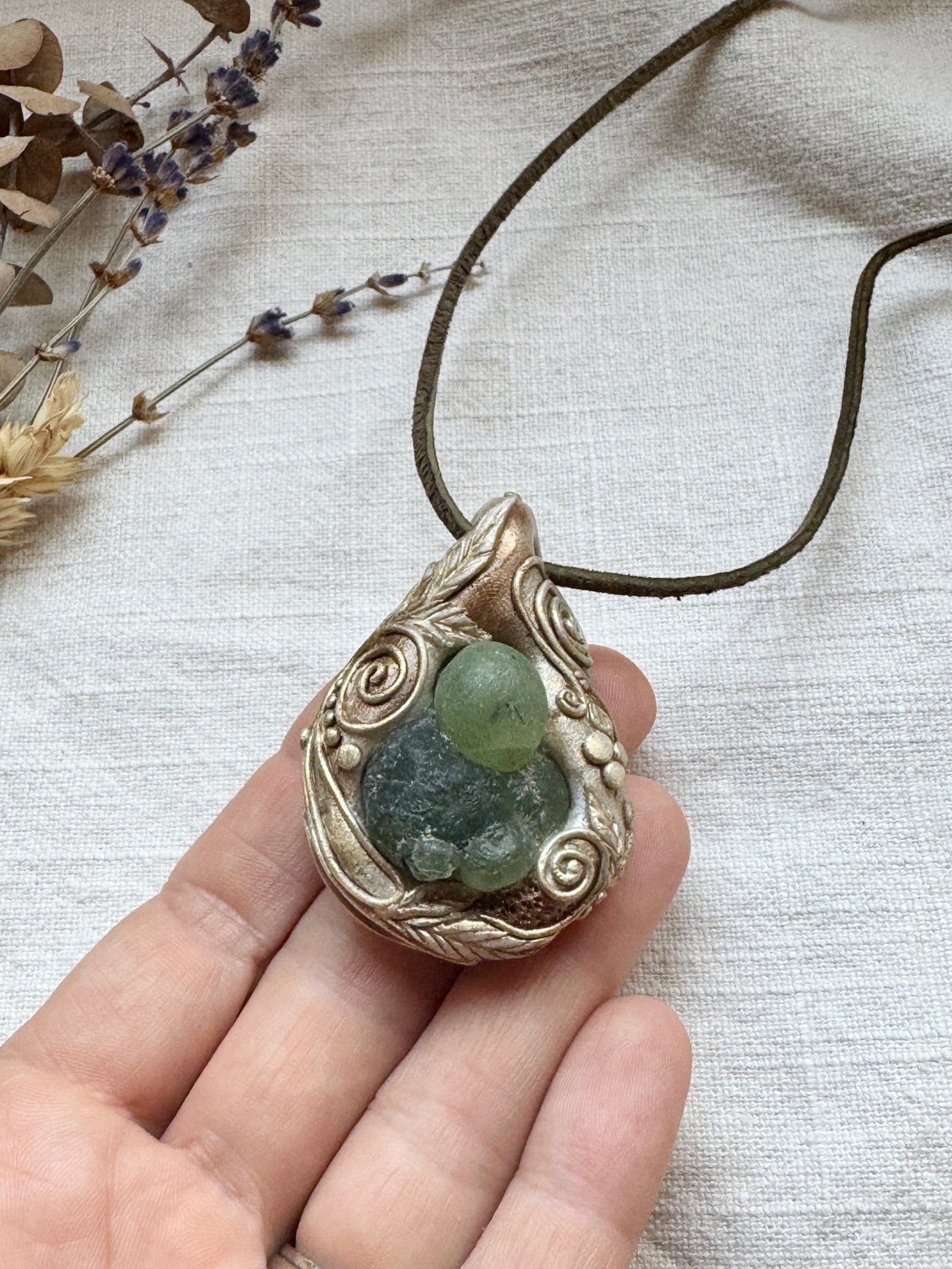 Raw Prehnite Woodland Necklace - Clay and Crystal Handmade Pendant on Green Suede Cord