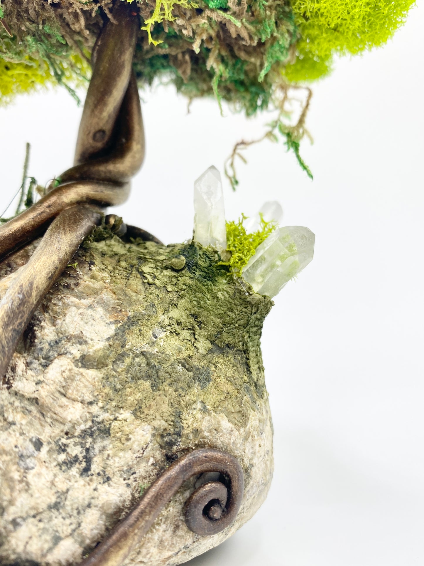 Tree of Life Sculpture: Clay, Stone and Moss Sculpture with Boulder and 3 Quartz Crystals - Inspired Home Decor