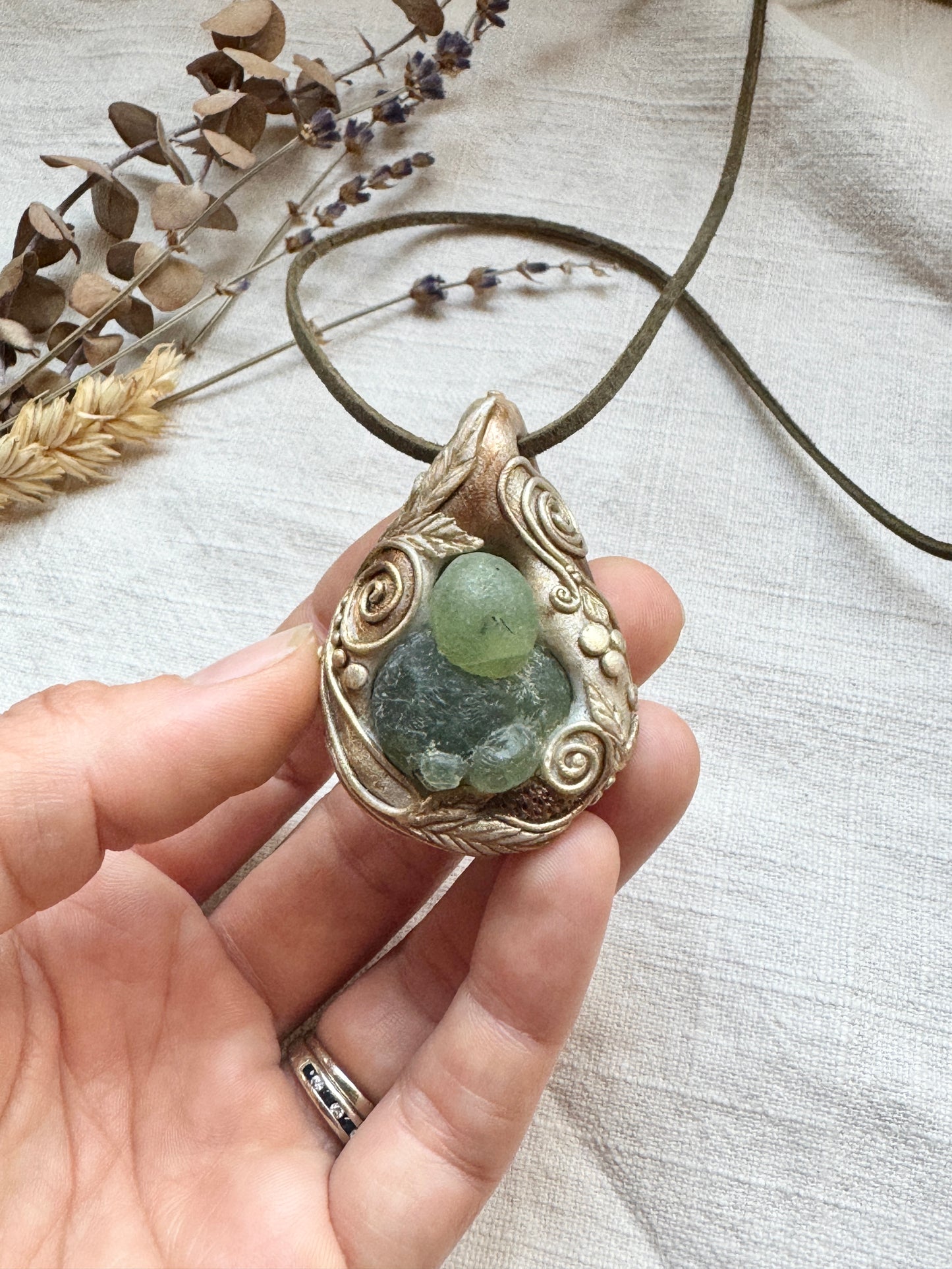 Raw Prehnite Woodland Necklace - Clay and Crystal Handmade Pendant on Green Suede Cord