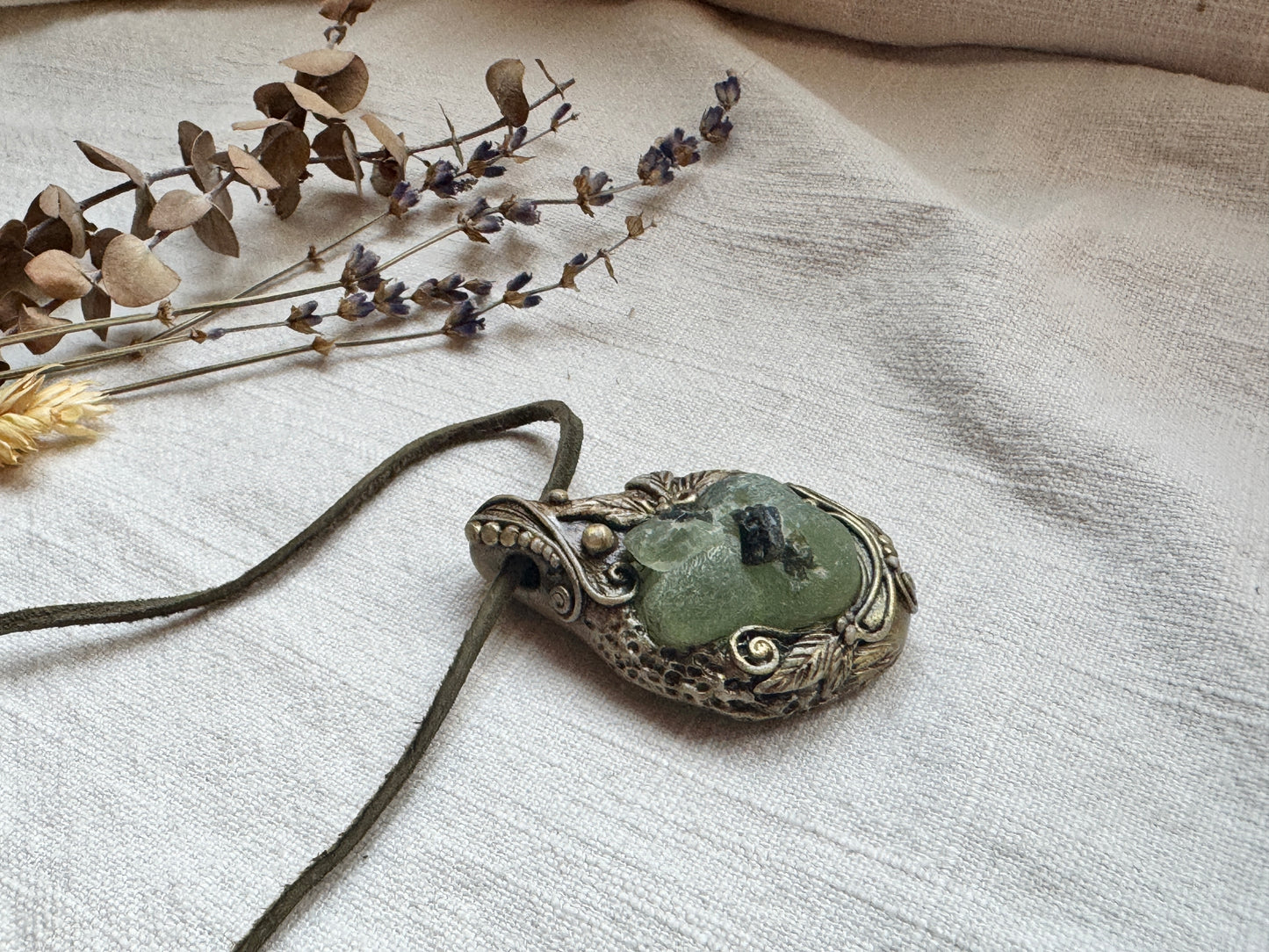 Raw Prehnite and Epidote Woodland Necklace - Clay and Crystal Handmade Pendant on Green Suede Cord