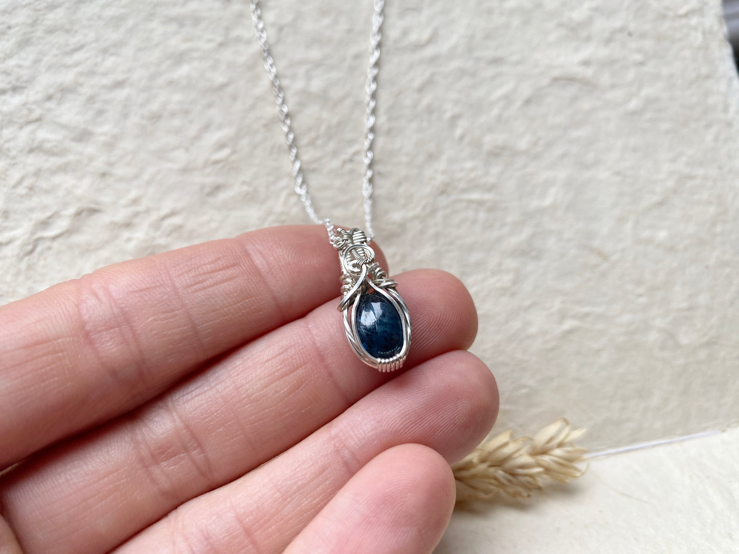 Oval Blue Kyanite Mini Wire Wrapped Pendant in .925 Sterling Silver
