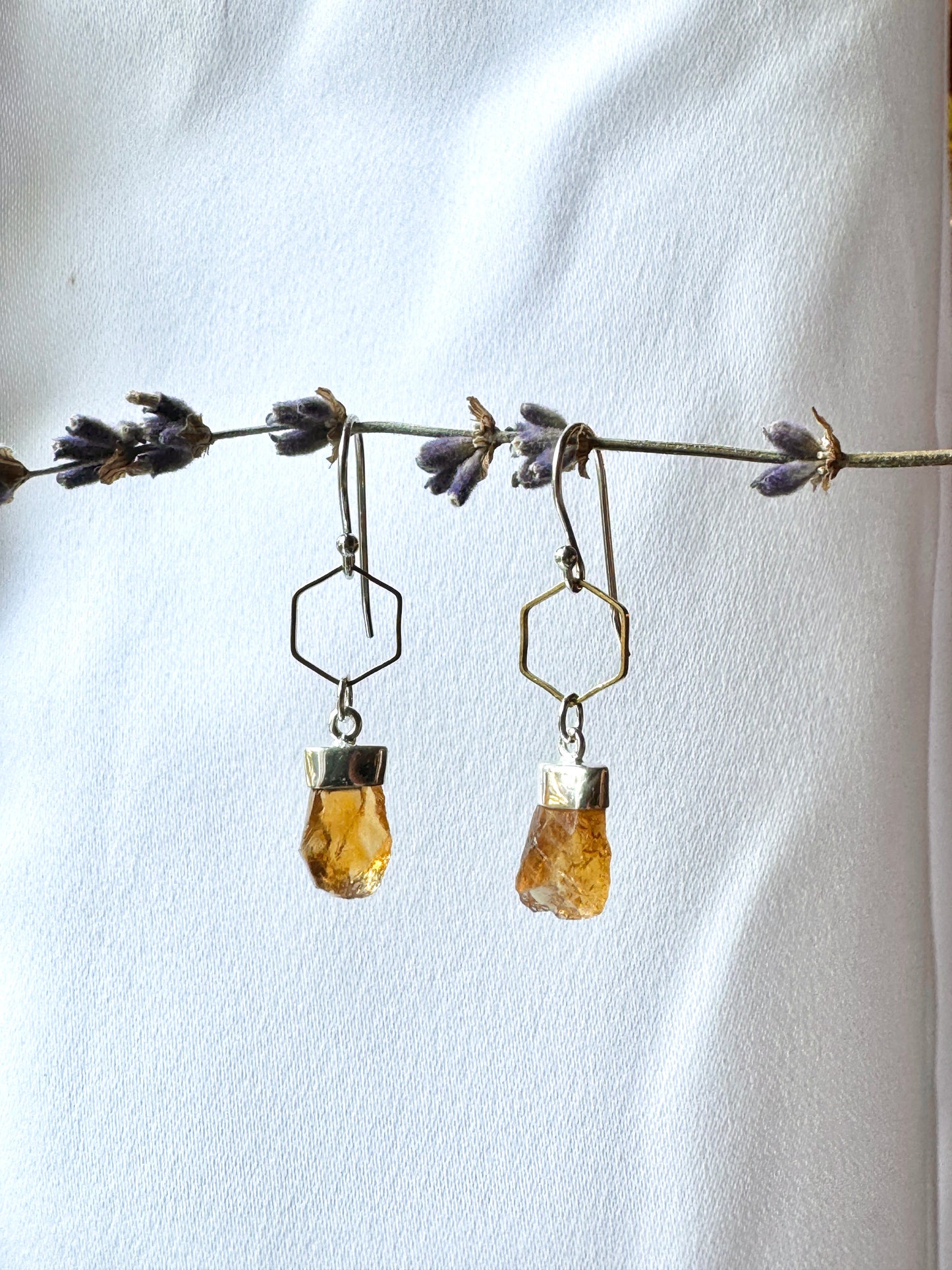 Citrine Honeycomb Earrings in Sterling Silver and Brass