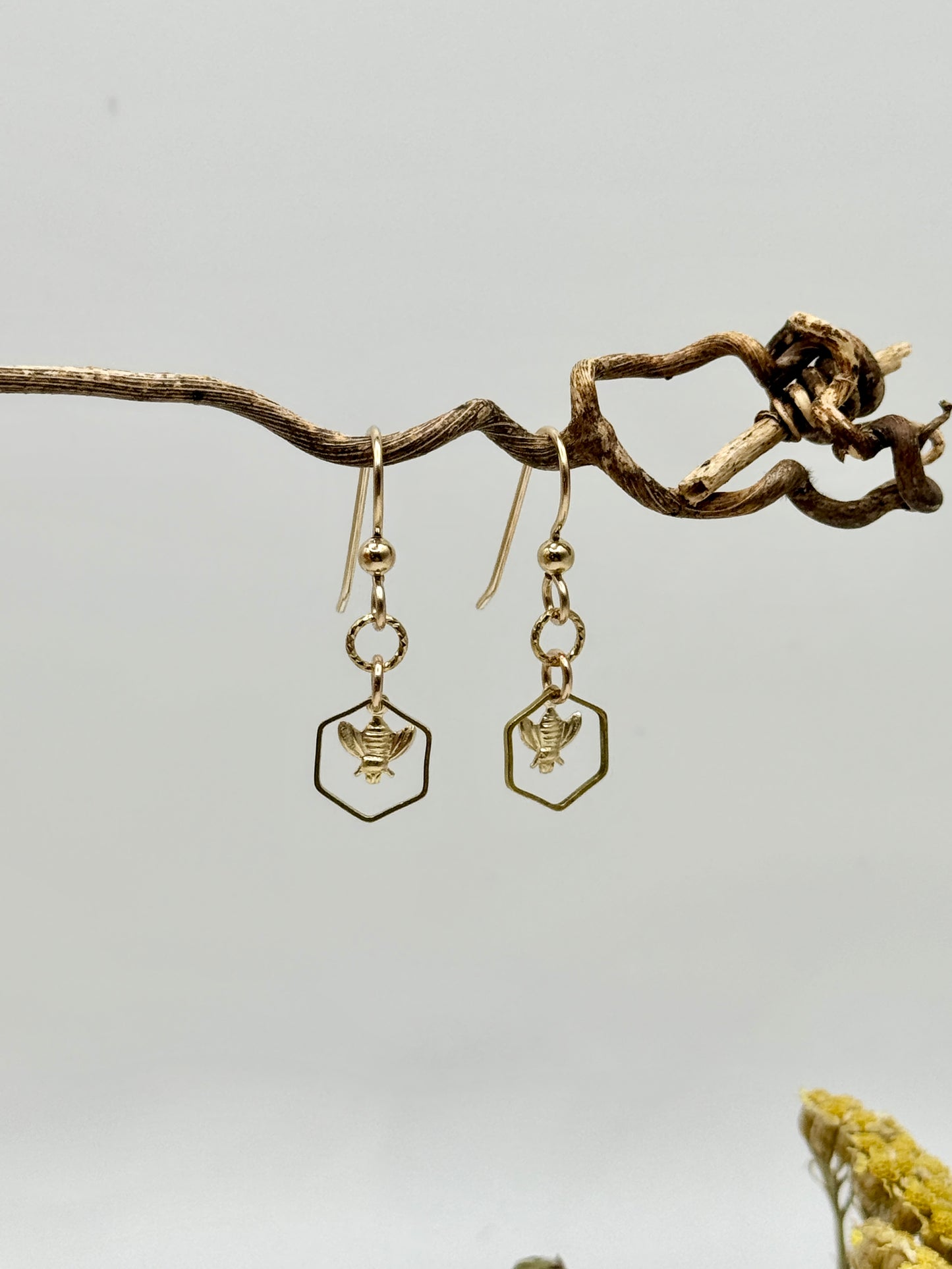 Honey Keeper ~ Bee in Honeycomb Earrings in 14K Gold Fill