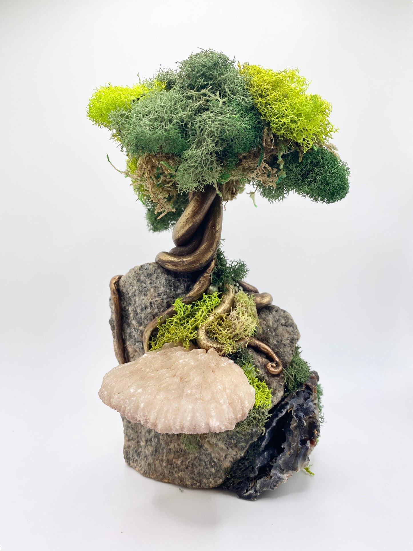 Tree of Life Sculpture: Clay, Stone and Moss Sculpture with Granite, Stilbite and Agate Geode - Inspired Home Decor