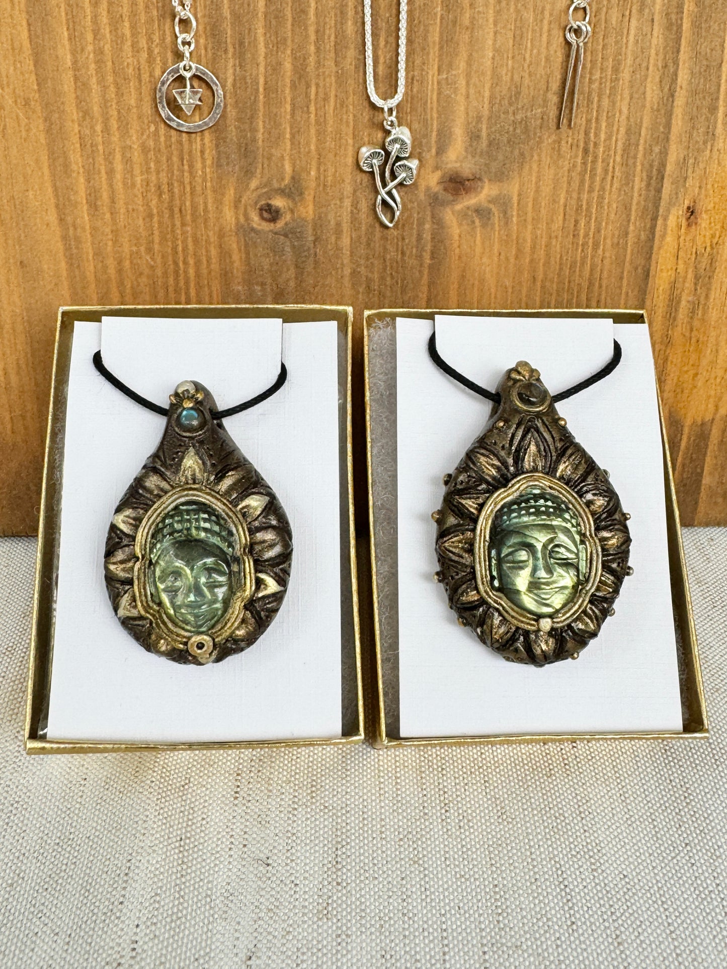 Pair of Buddha Carving Labradorite Jewel in the Lotus Necklaces