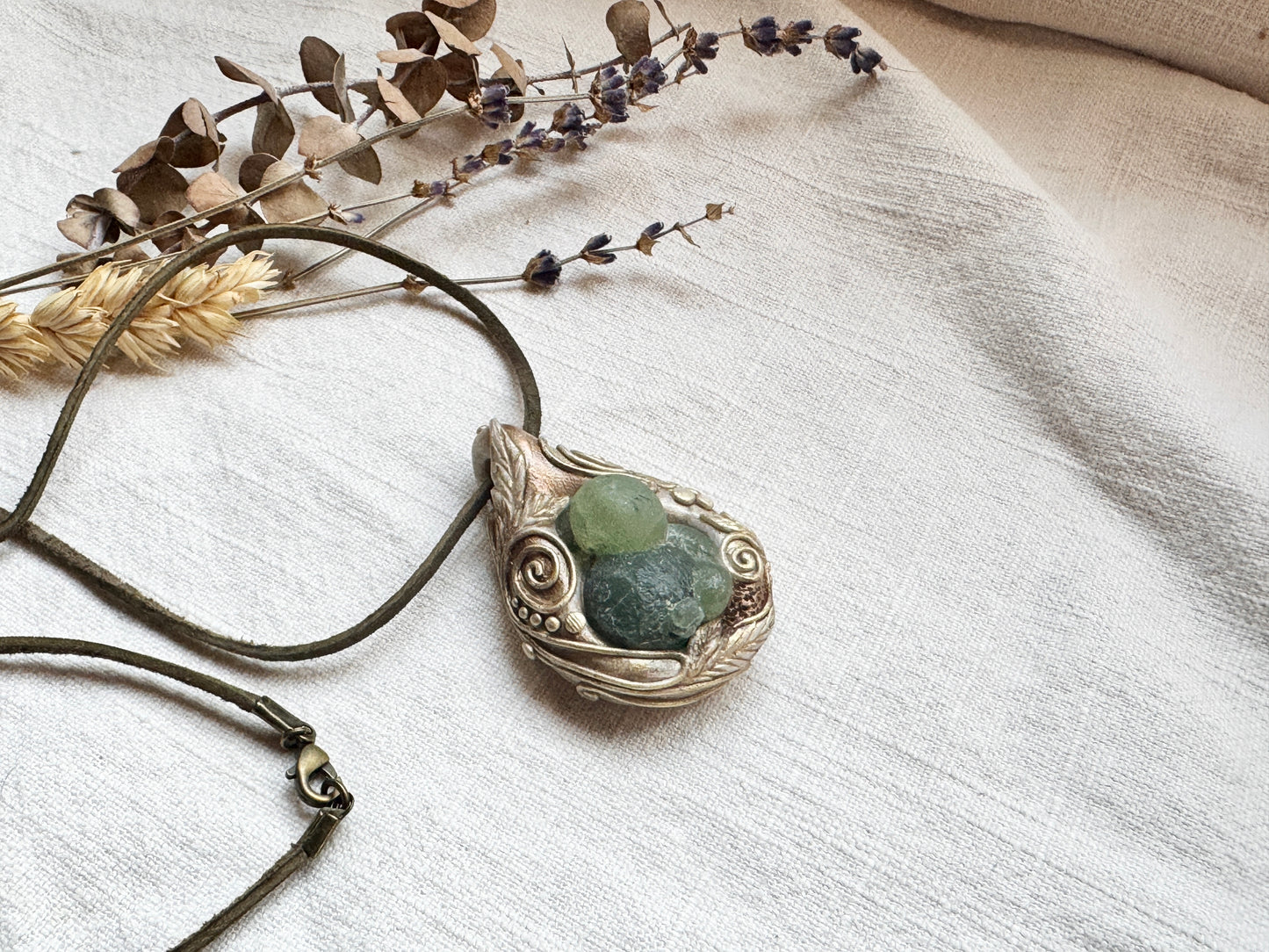 Raw Prehnite Woodland Necklace - Clay and Crystal Handmade Pendant on Green Suede Cord