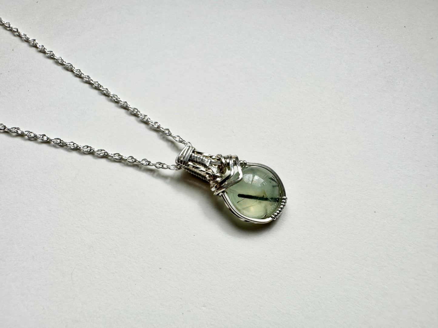 Prehnite and Tourmaline Sterling Silver Wire Wrapped Necklace