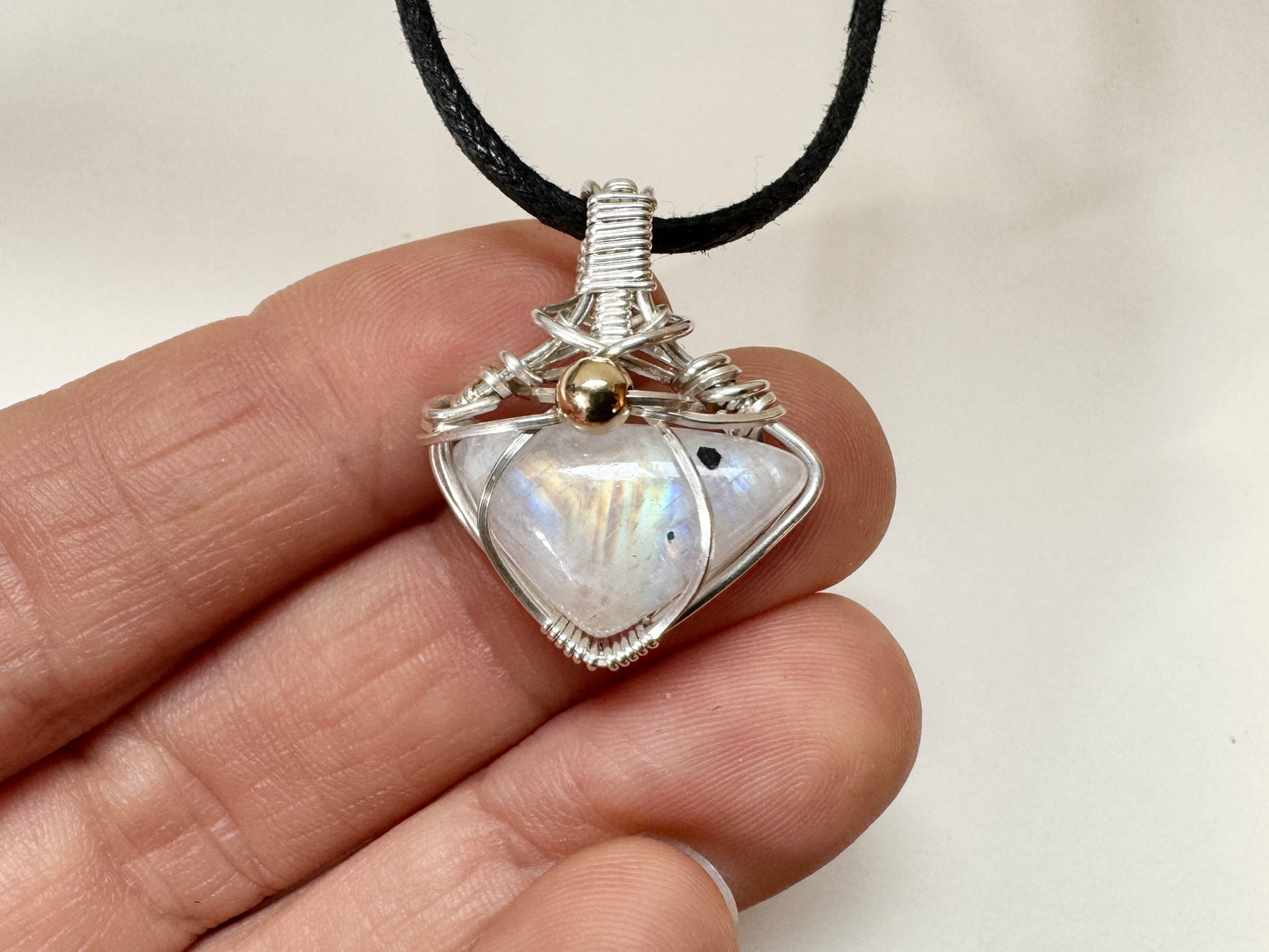 Rainbow Moonstone Pendant in .925 Sterling Silver with Gold accent