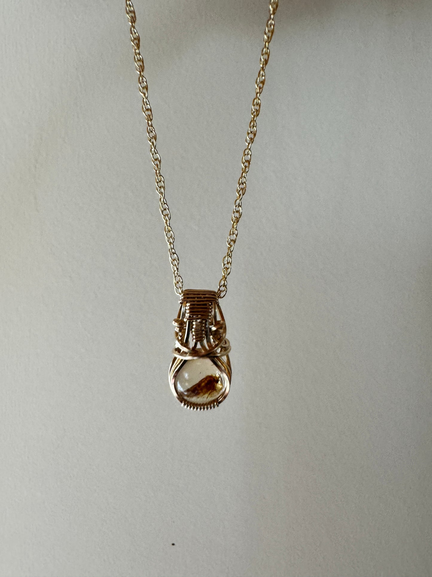 RARE: Amber with Bug Mini Wire Wrapped Necklace in 14K Yellow Gold Fill