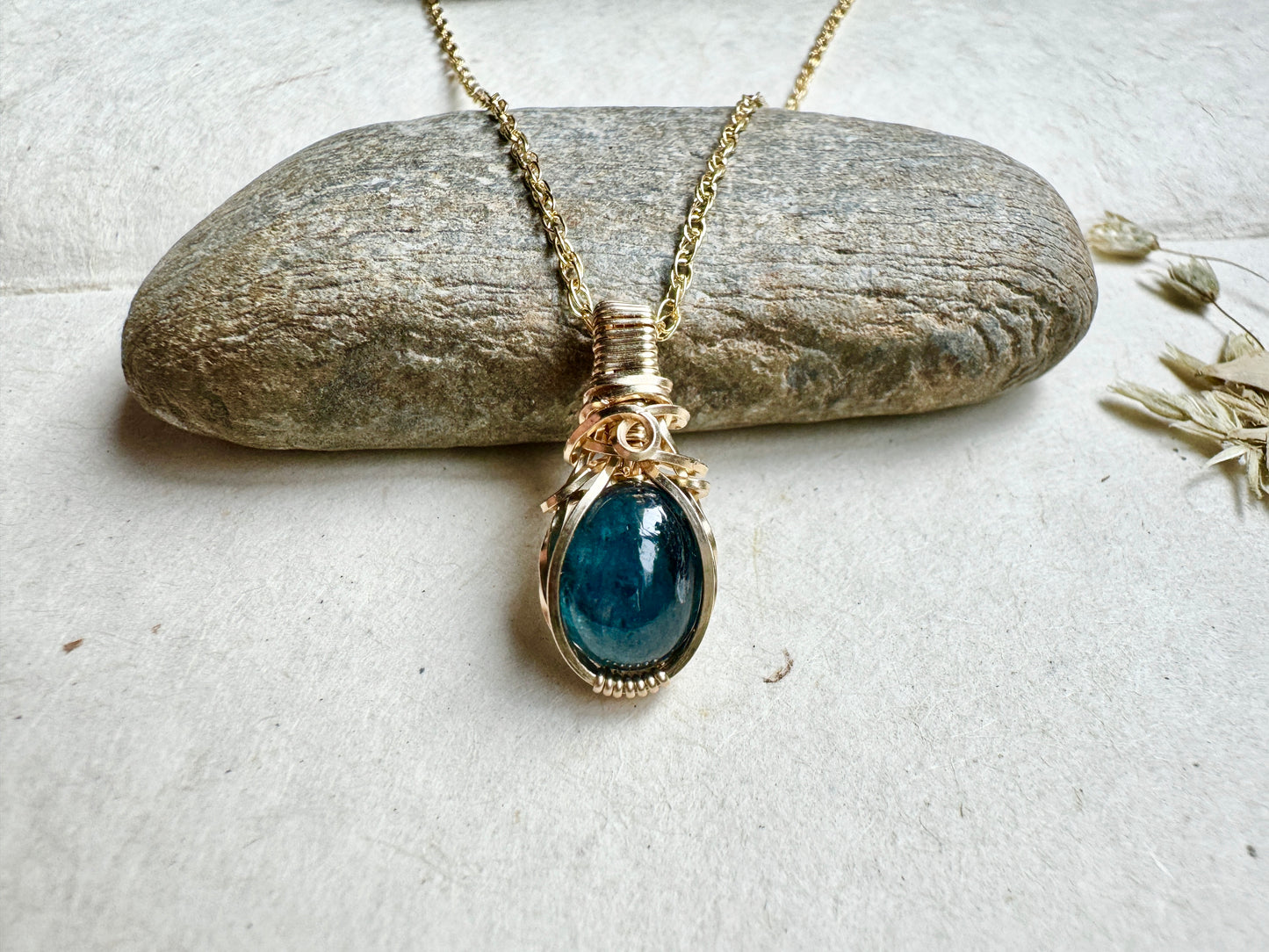 Blue Kyanite Mini Wire Wrapped Necklace in 14K Yellow Gold Fill