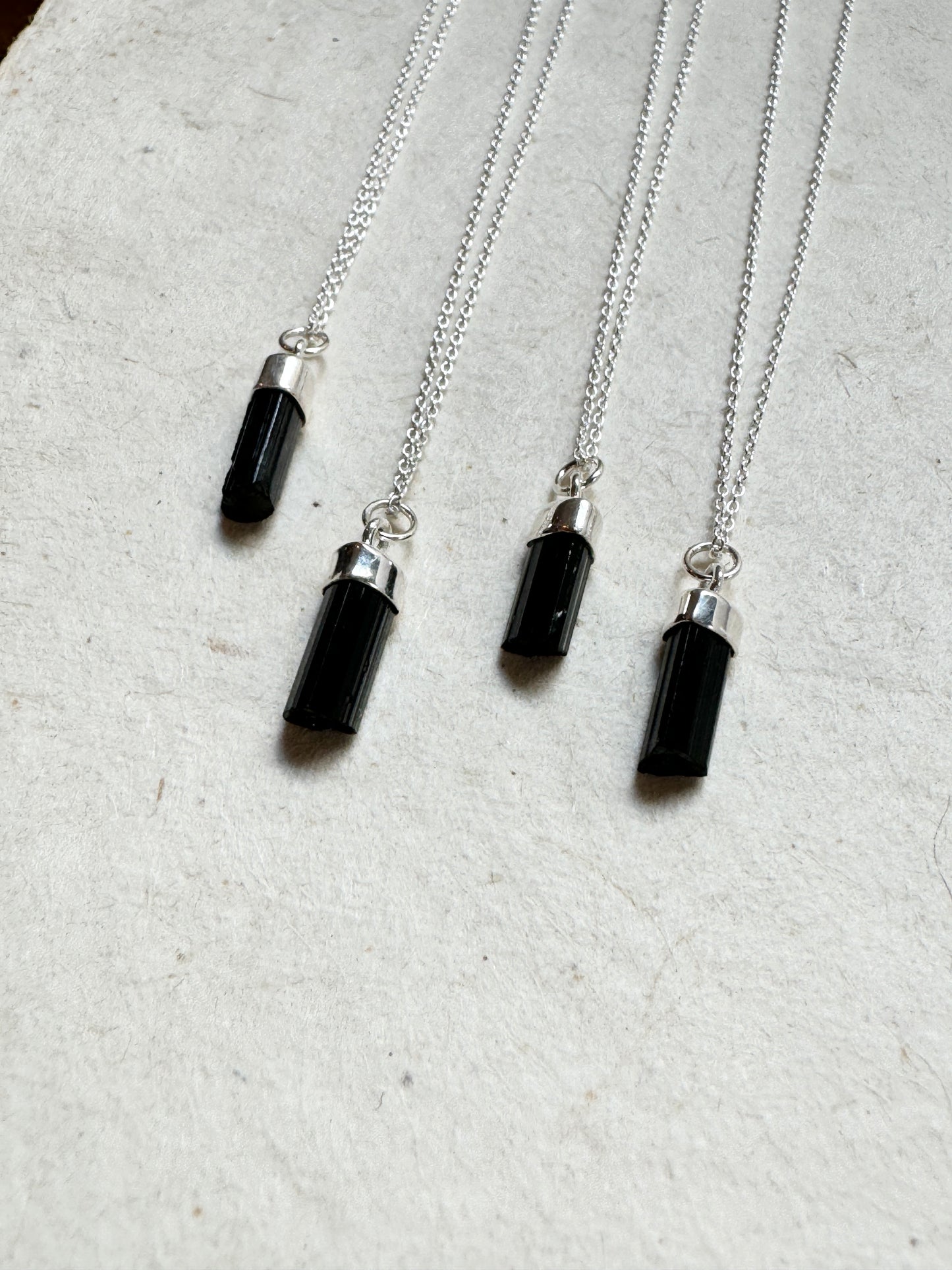 Black Tourmaline Crystal Silver Cap Necklace - Protection Clearing Negativities Grounding Earth Star Chakra Healing