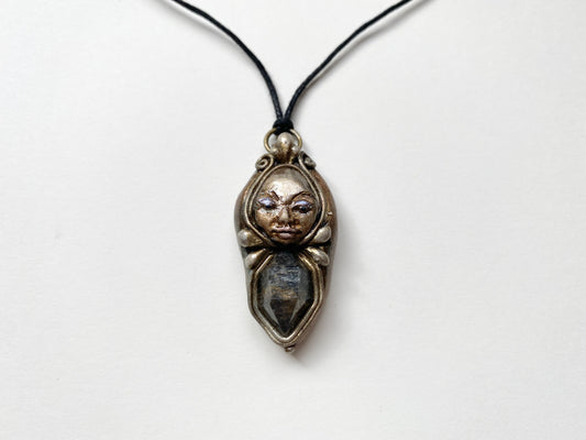 MAGE OF MAGIC STORM - Deity Clay Pendant with Tibetan Quartz Crystal  - Goddess Woodland Series