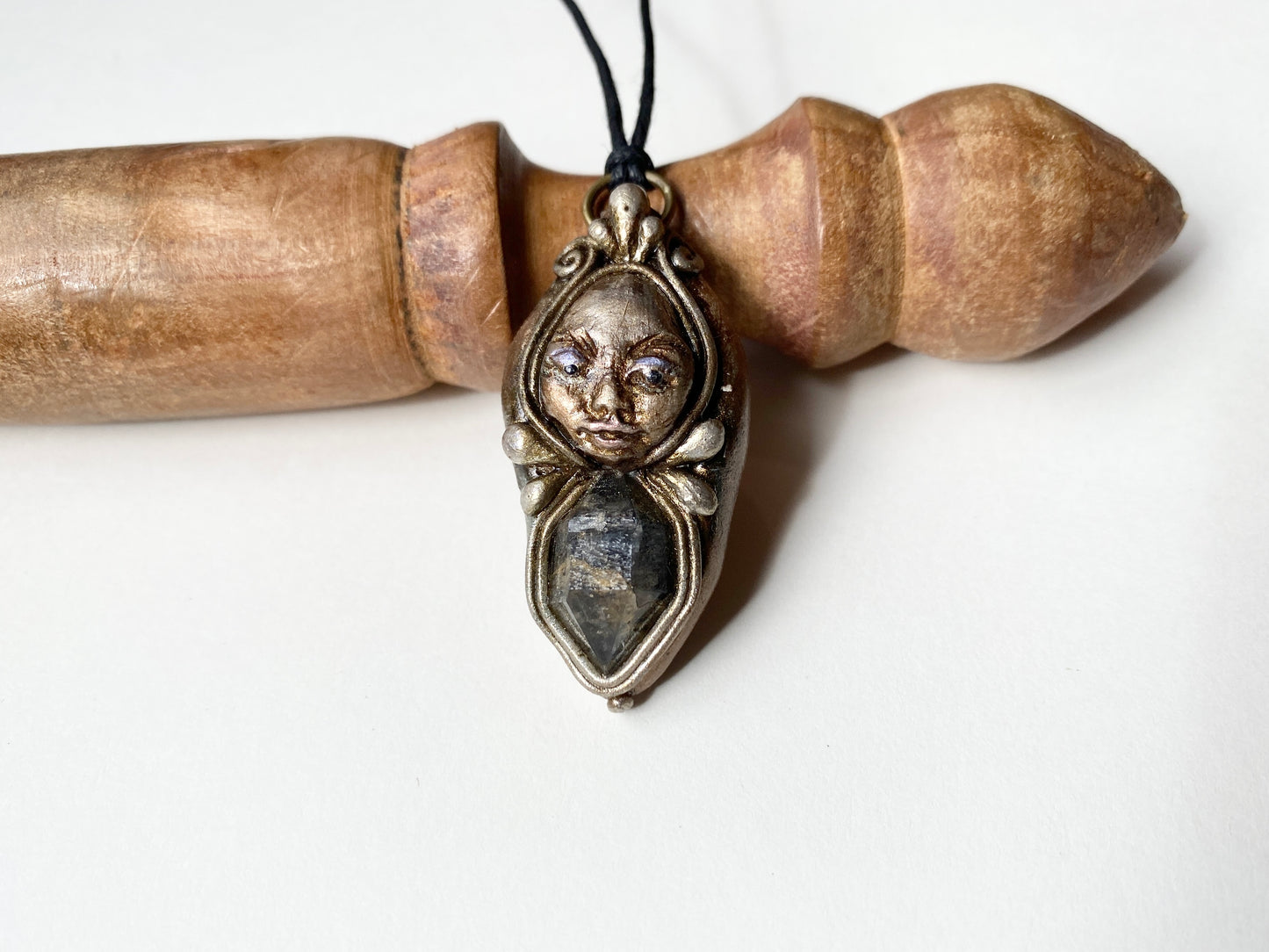 MAGE OF MAGIC STORM - Deity Clay Pendant with Tibetan Quartz Crystal  - Goddess Woodland Series