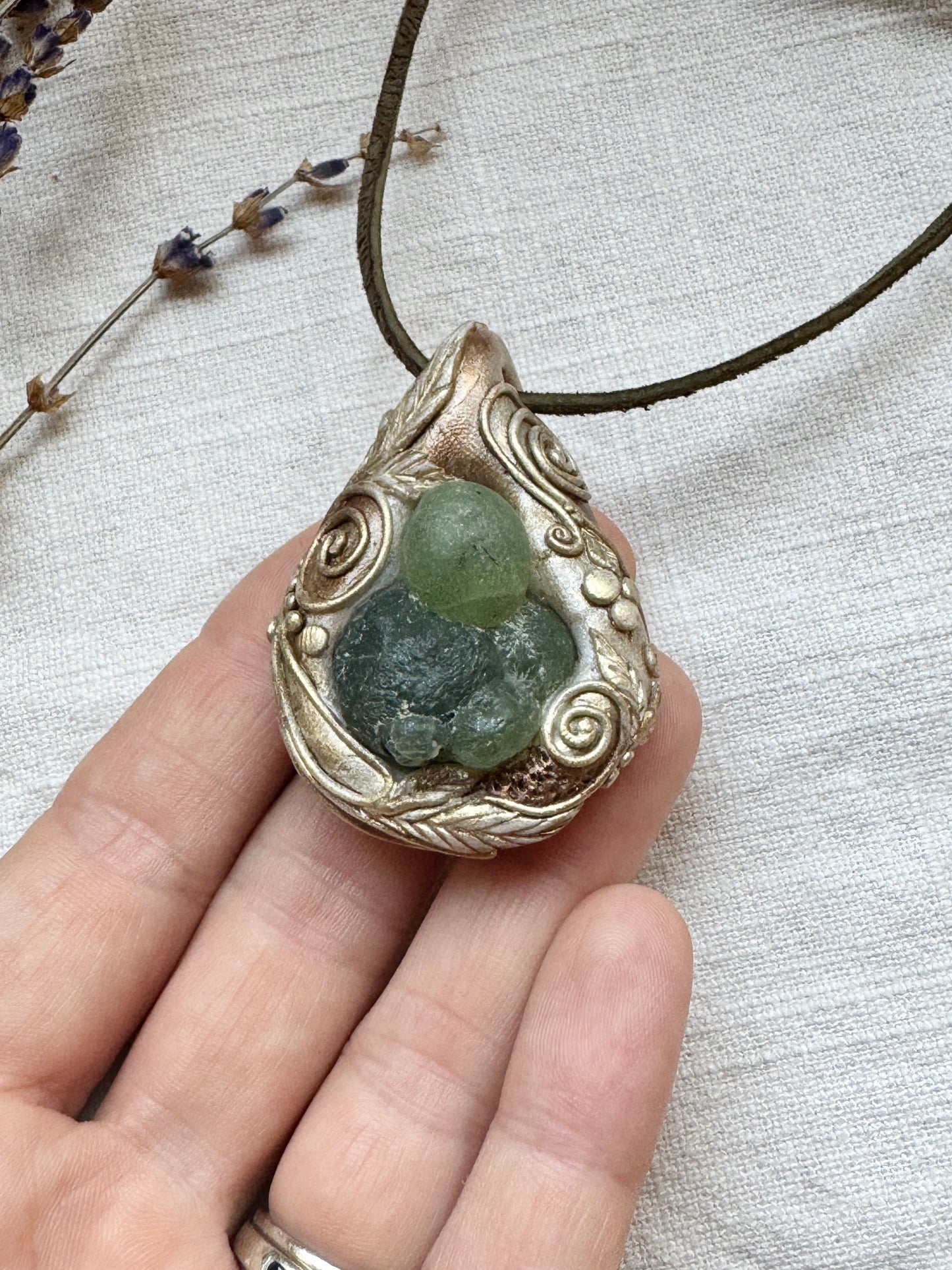 Raw Prehnite Woodland Necklace - Clay and Crystal Handmade Pendant on Green Suede Cord