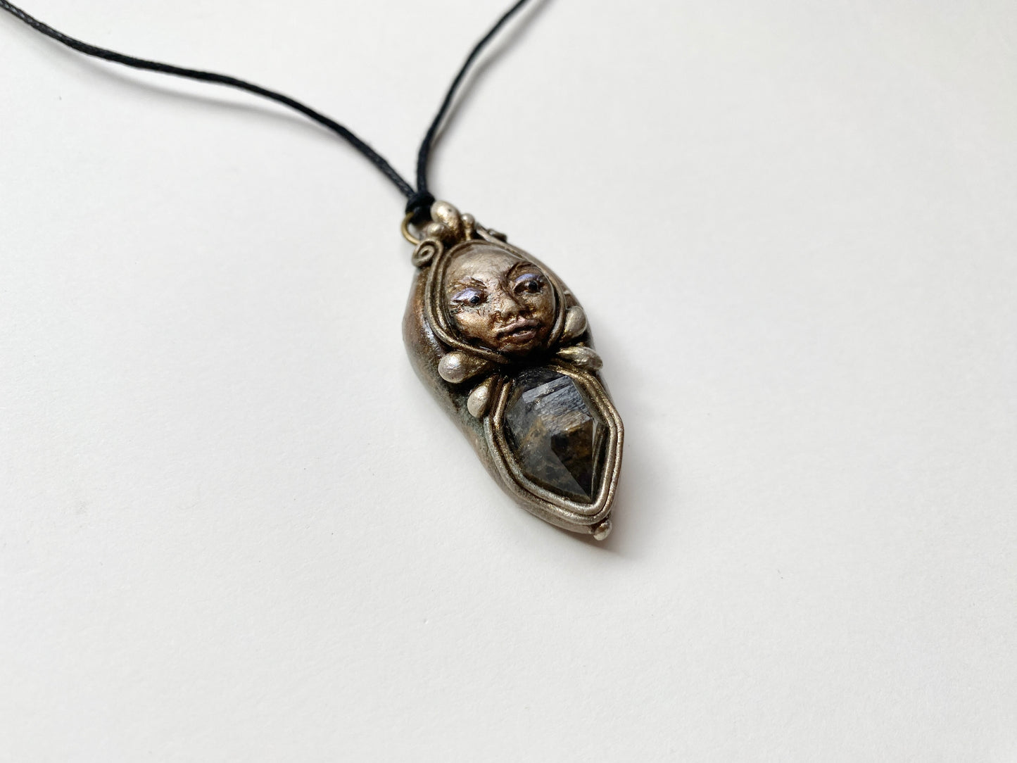 MAGE OF MAGIC STORM - Deity Clay Pendant with Tibetan Quartz Crystal  - Goddess Woodland Series