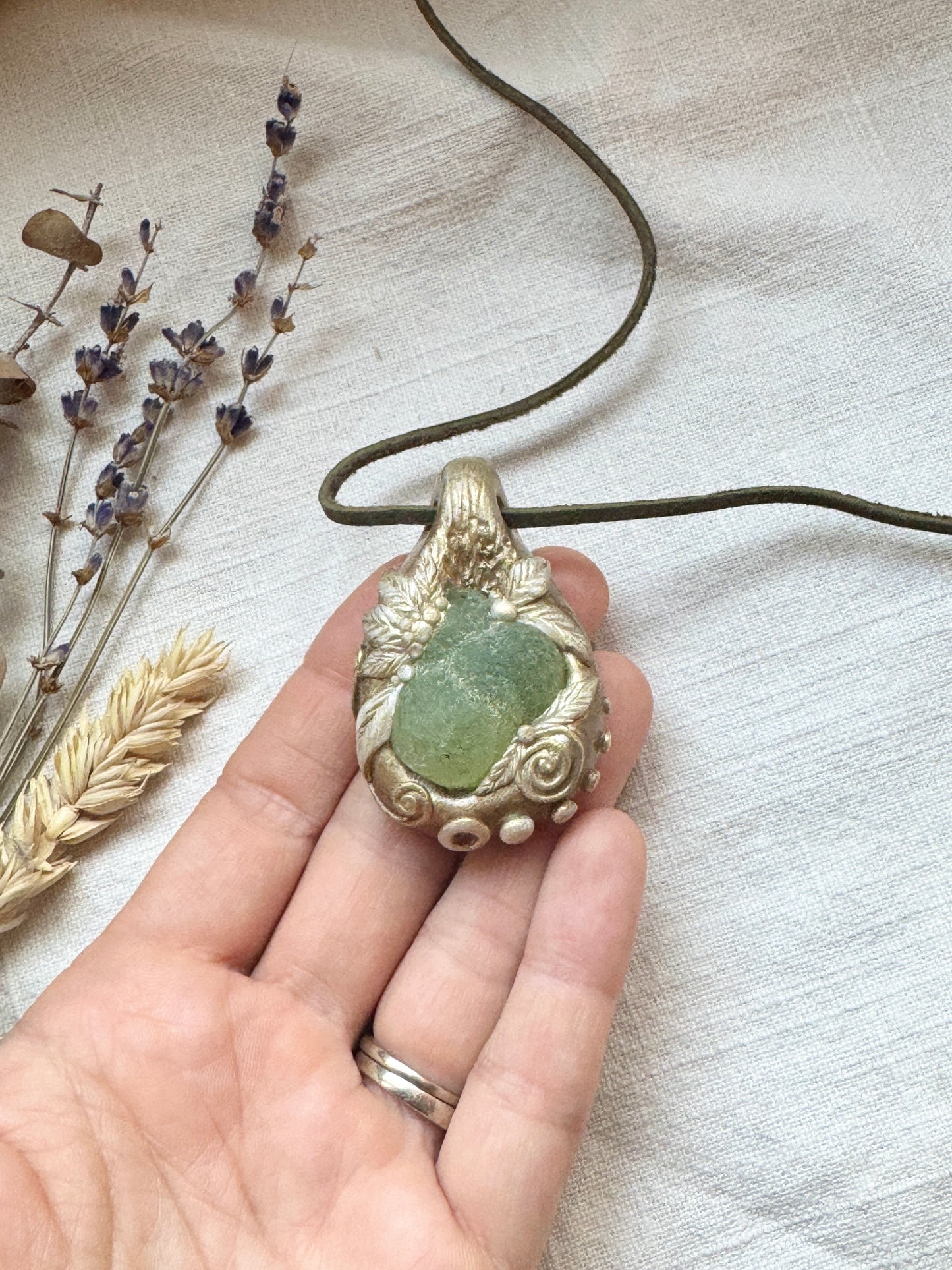 Raw Prehnite Woodland Necklace - Clay and Crystal Handmade Pendant on Green Suede Cord