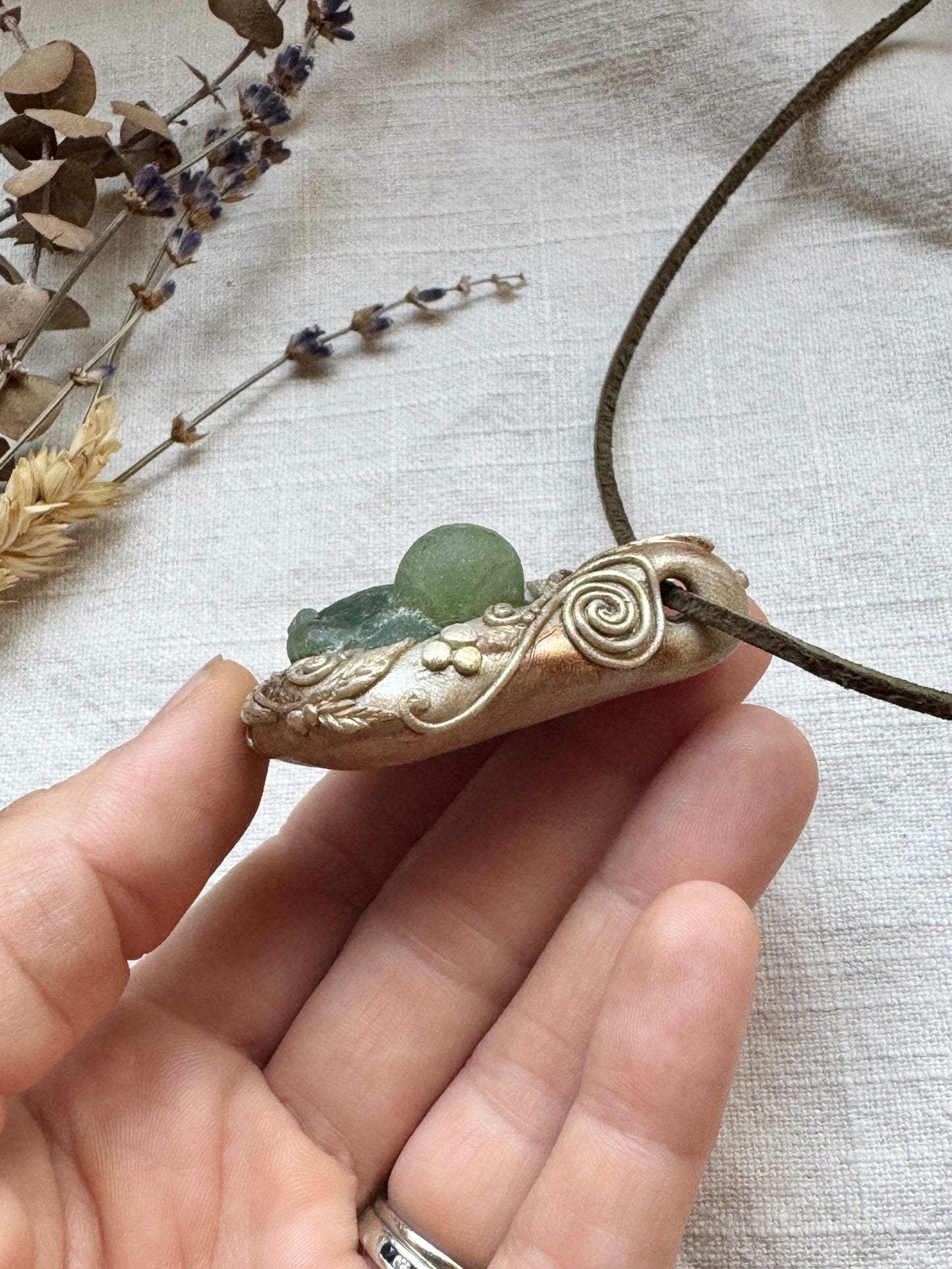 Raw Prehnite Woodland Necklace - Clay and Crystal Handmade Pendant on Green Suede Cord