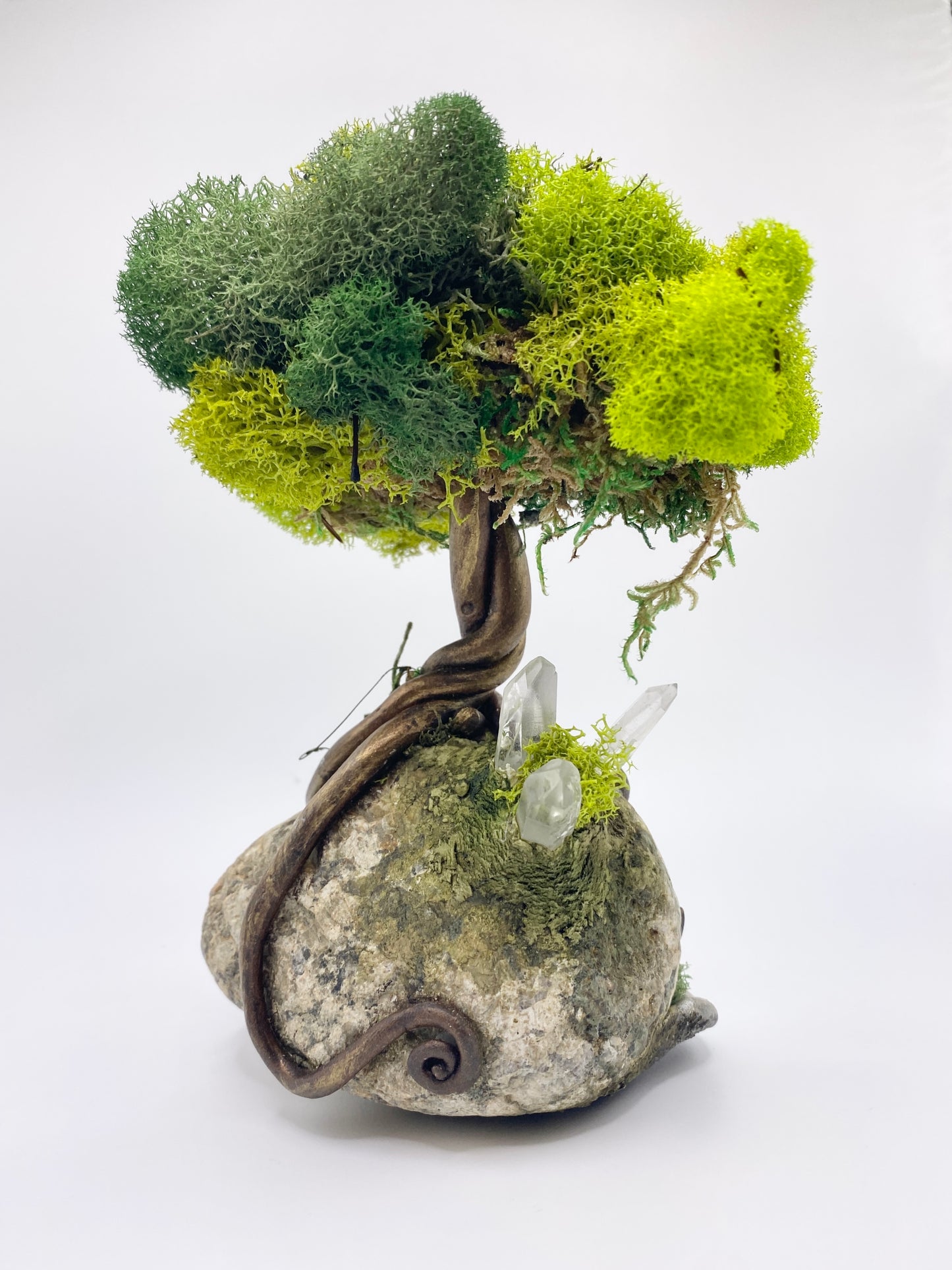 Tree of Life Sculpture: Clay, Stone and Moss Sculpture with Boulder and 3 Quartz Crystals - Inspired Home Decor