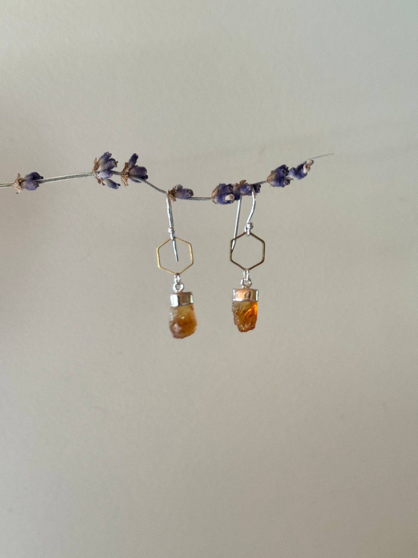 Citrine Honeycomb Earrings in Sterling Silver and Brass