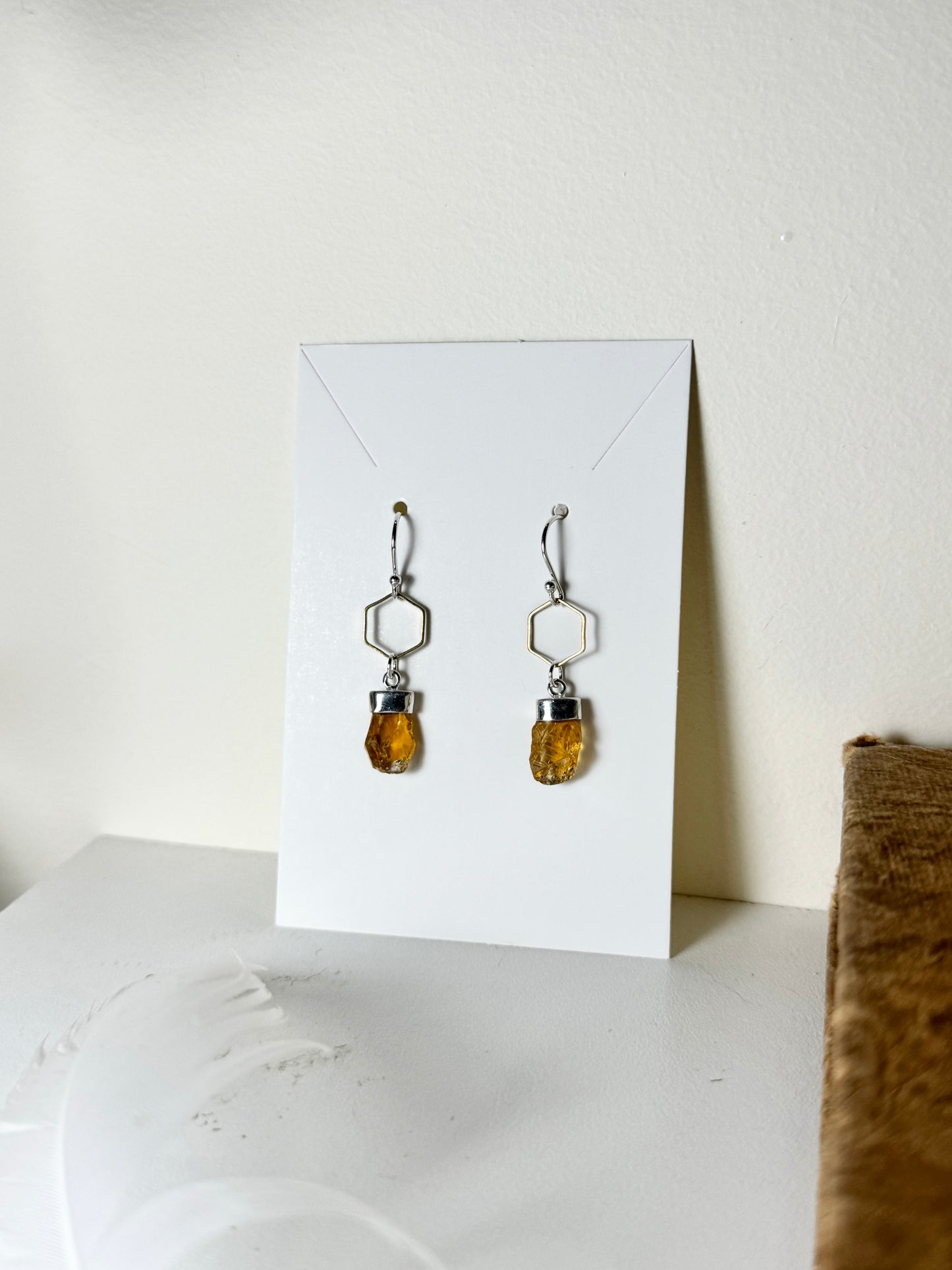 Citrine Honeycomb Earrings in Sterling Silver and Brass