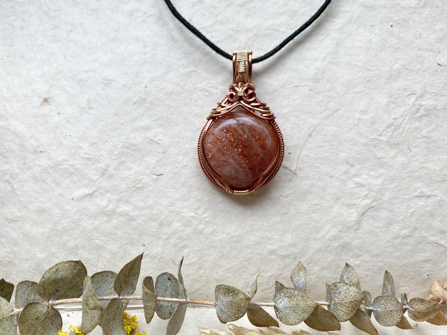 Glittering Sunstone Gold and Copper Wire Wrapped Necklace