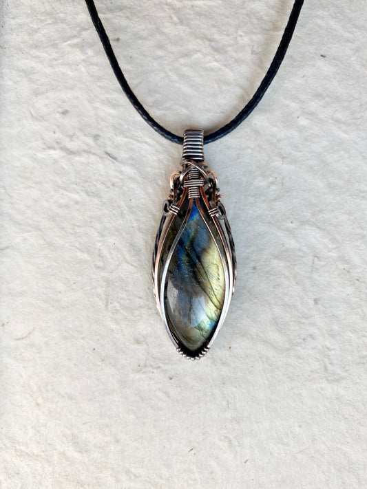 Labradorite Aurora Wire Wrapped pendant in Sterling Silver and Gold