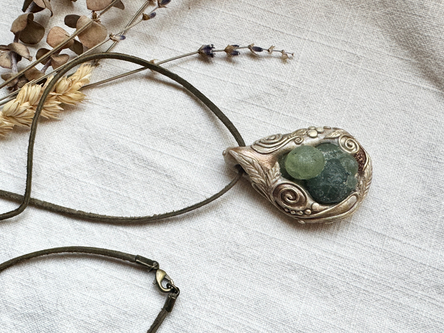 Raw Prehnite Woodland Necklace - Clay and Crystal Handmade Pendant on Green Suede Cord