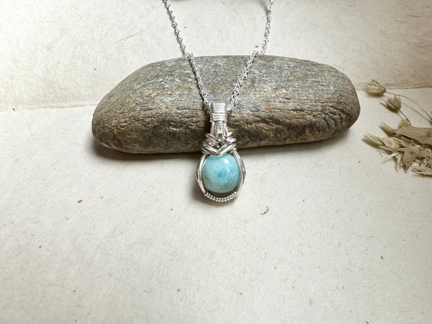 Larimar Mini Wire Wrapped Necklace in .925 Sterling Silver