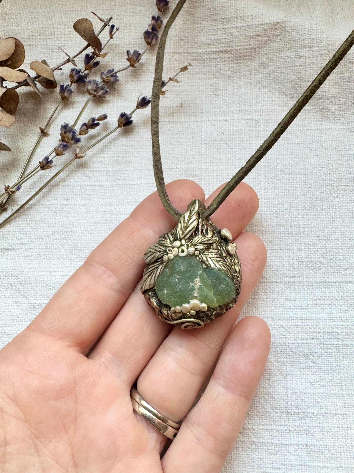 Raw Prehnite Woodland Necklace - Clay and Crystal Handmade Pendant on Green Suede Cord