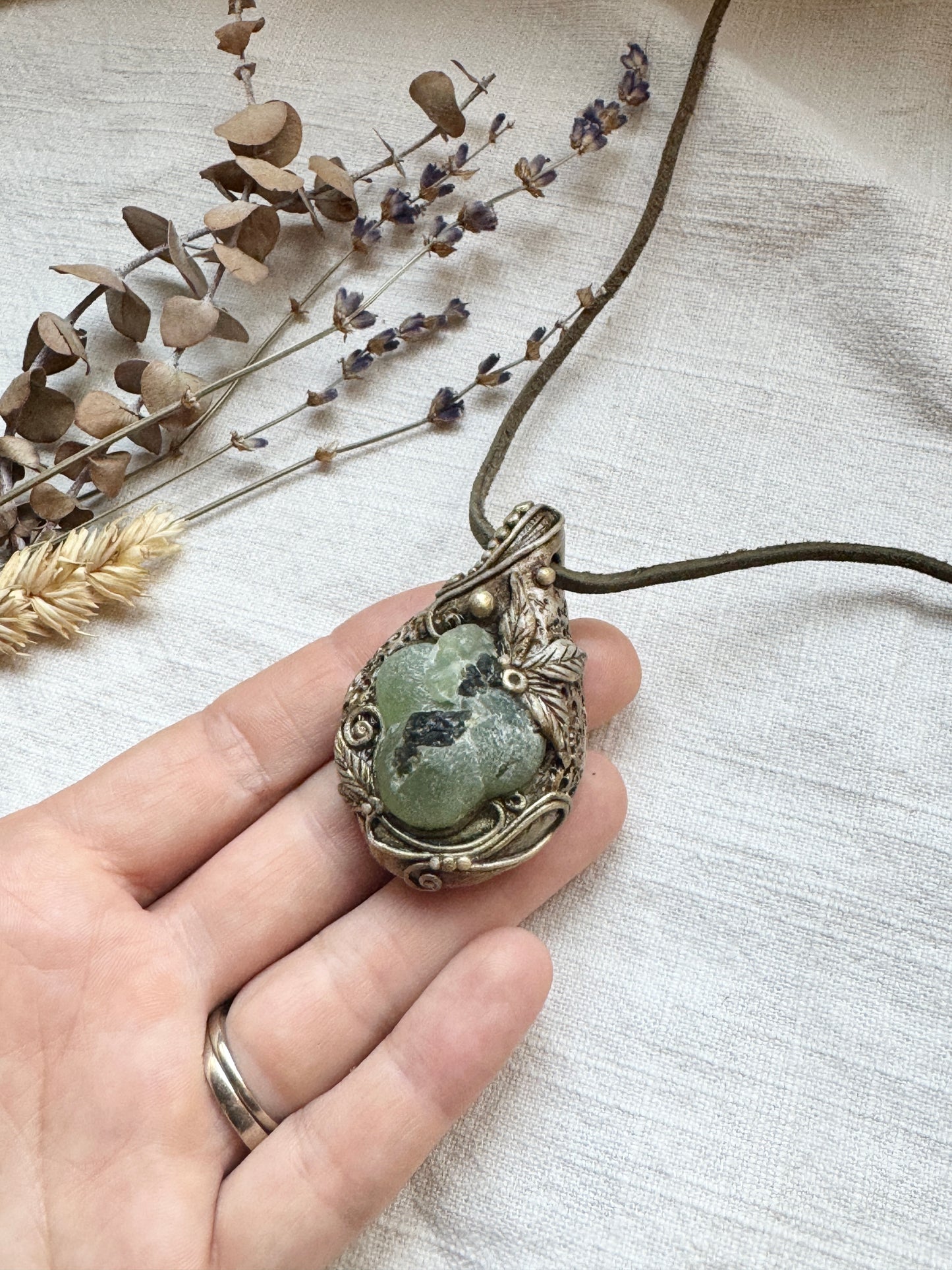 Raw Prehnite and Epidote Woodland Necklace - Clay and Crystal Handmade Pendant on Green Suede Cord