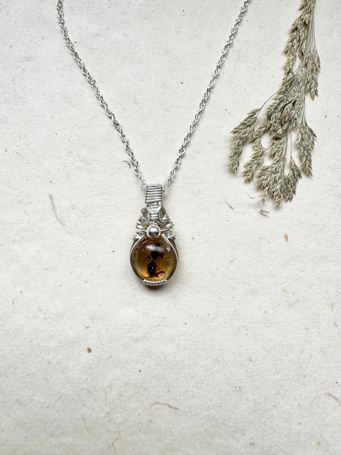 RARE: Amber with Bug Wire Wrapped Necklace in .925 Sterling Silver