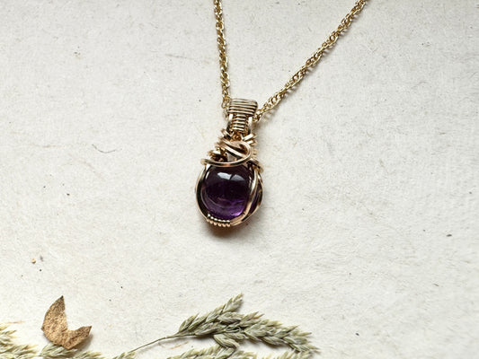 Round Mini Amethyst Wire Wrapped Necklace in 14K Yellow Gold Fill