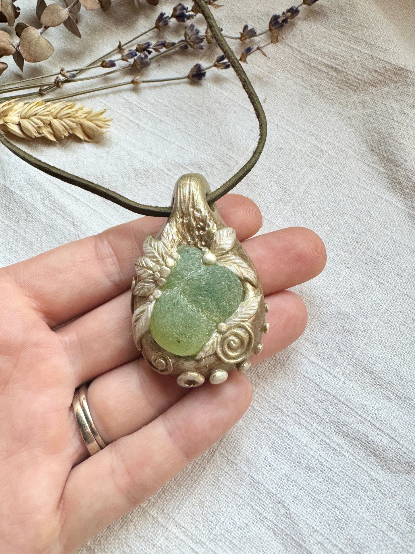 Raw Prehnite Woodland Necklace - Clay and Crystal Handmade Pendant on Green Suede Cord