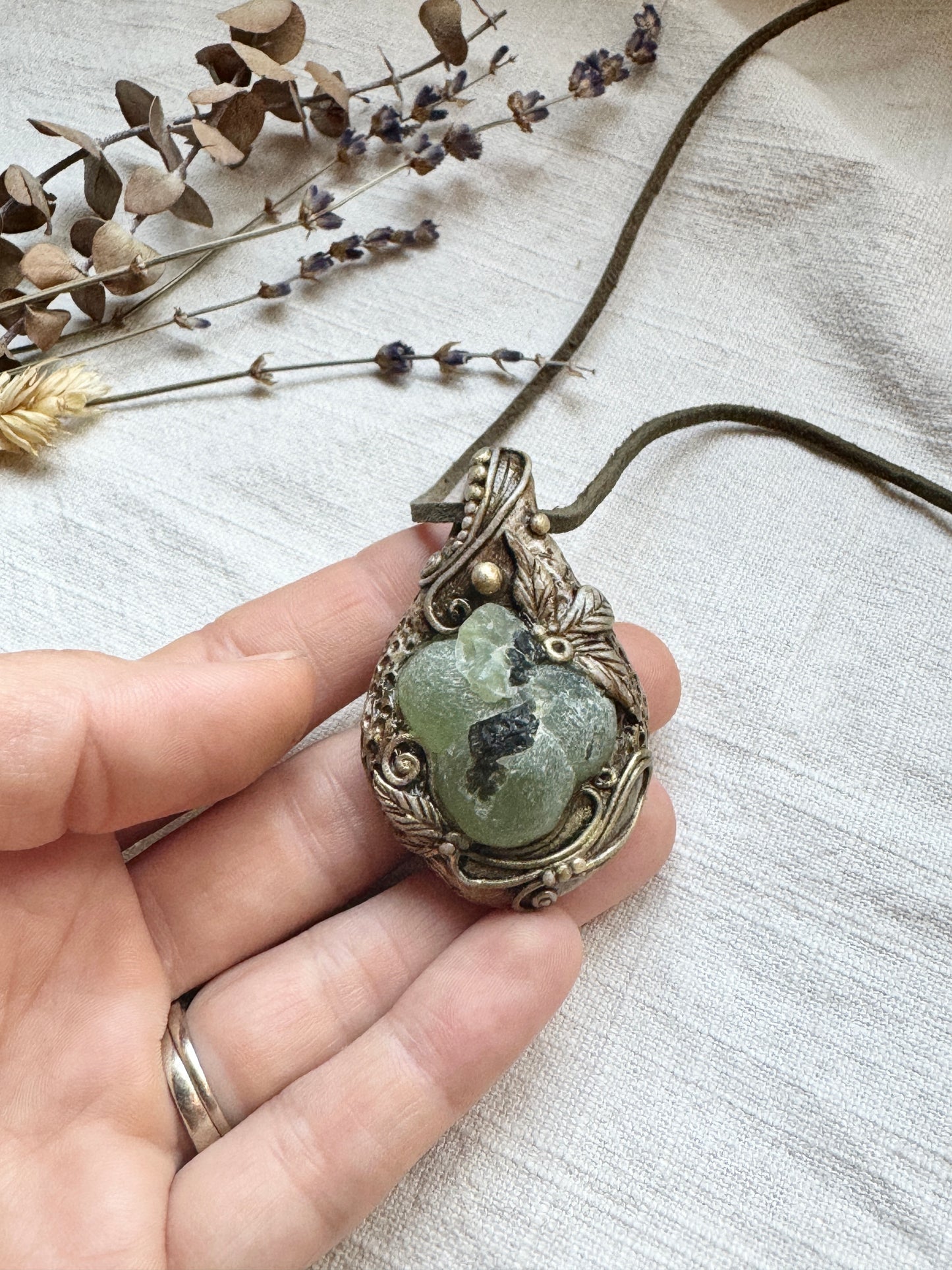 Raw Prehnite and Epidote Woodland Necklace - Clay and Crystal Handmade Pendant on Green Suede Cord