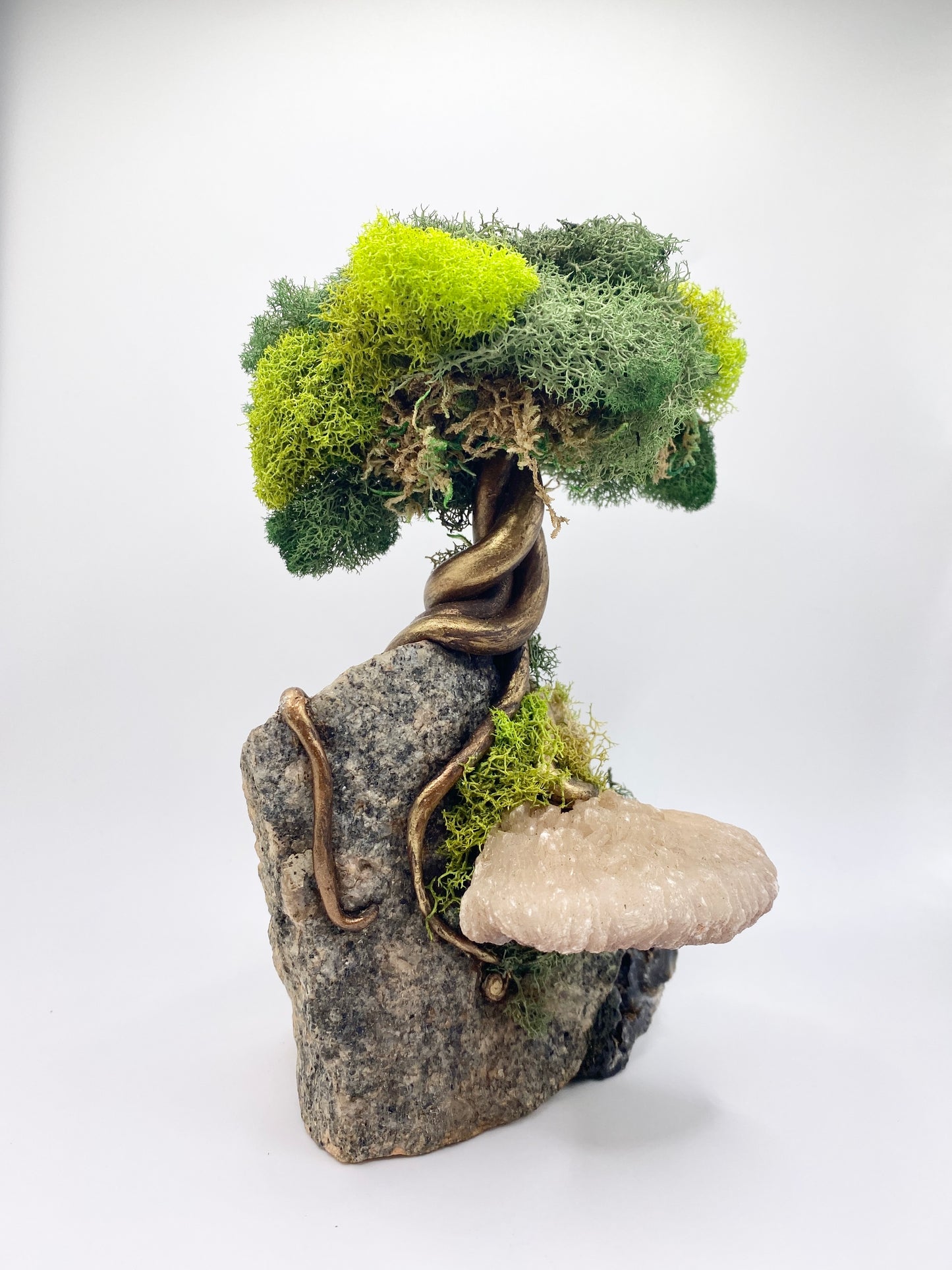 Tree of Life Sculpture: Clay, Stone and Moss Sculpture with Granite, Stilbite and Agate Geode - Inspired Home Decor