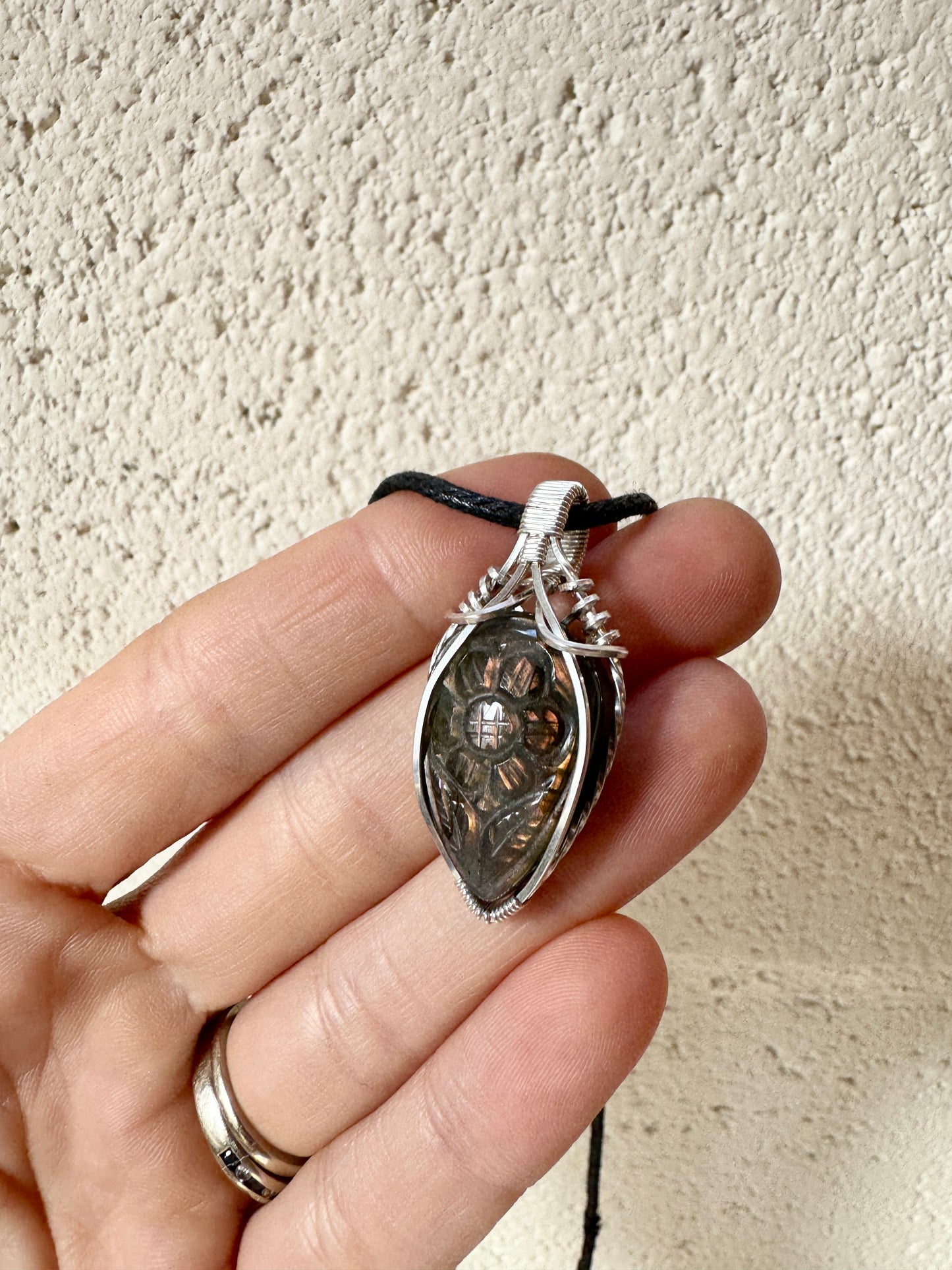 Carved Labradorite Flower Wire Wrapped pendant in Sterling Silver