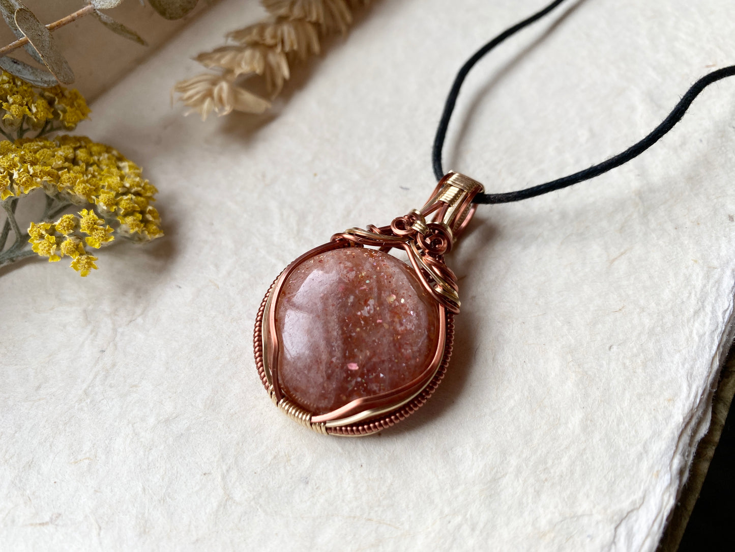 Glittering Sunstone Gold and Copper Wire Wrapped Necklace