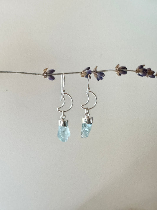 Silver Aquamarine Crescent Moon Earrings in Sterling