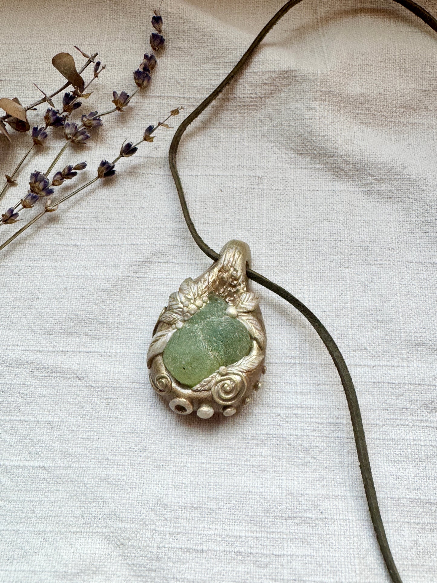 Raw Prehnite Woodland Necklace - Clay and Crystal Handmade Pendant on Green Suede Cord