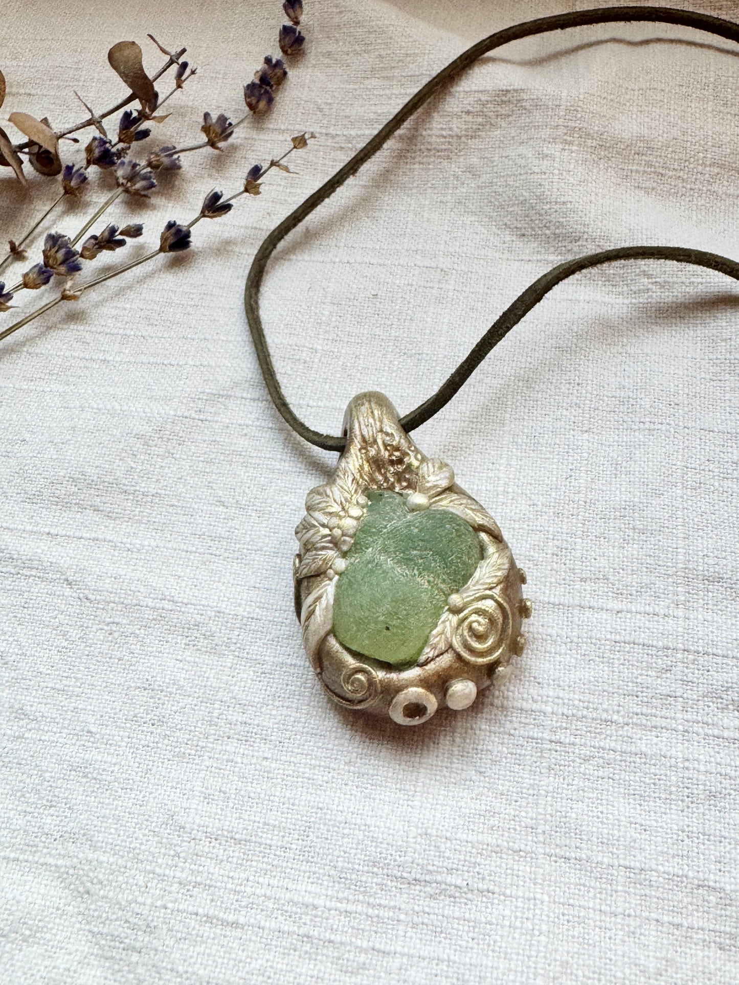 Raw Prehnite Woodland Necklace - Clay and Crystal Handmade Pendant on Green Suede Cord