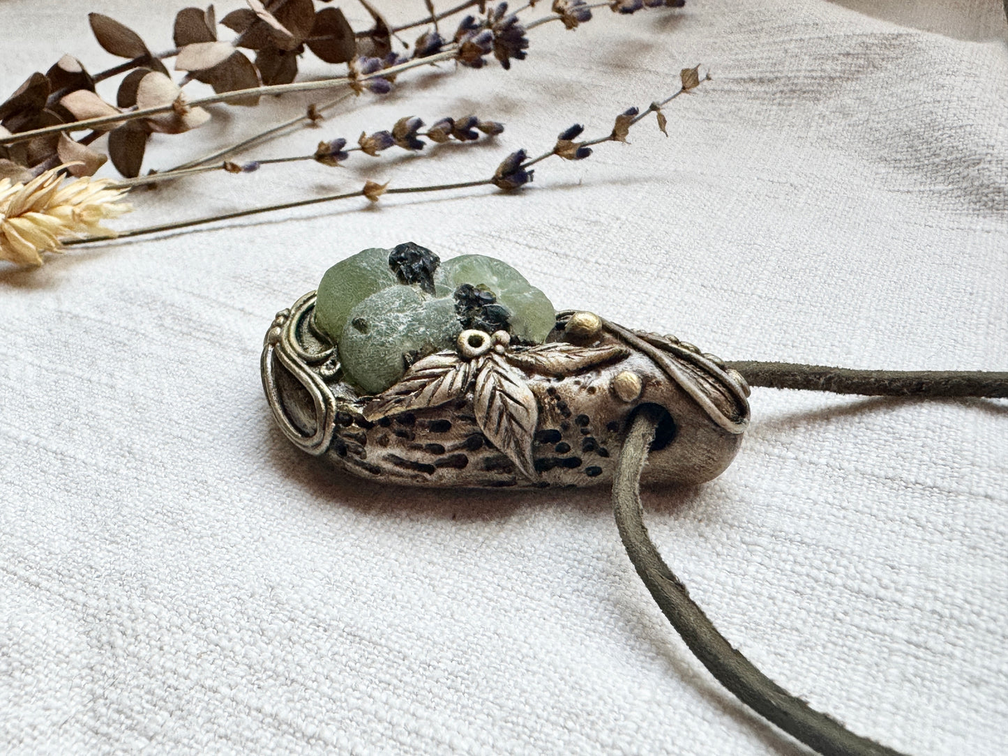 Raw Prehnite and Epidote Woodland Necklace - Clay and Crystal Handmade Pendant on Green Suede Cord