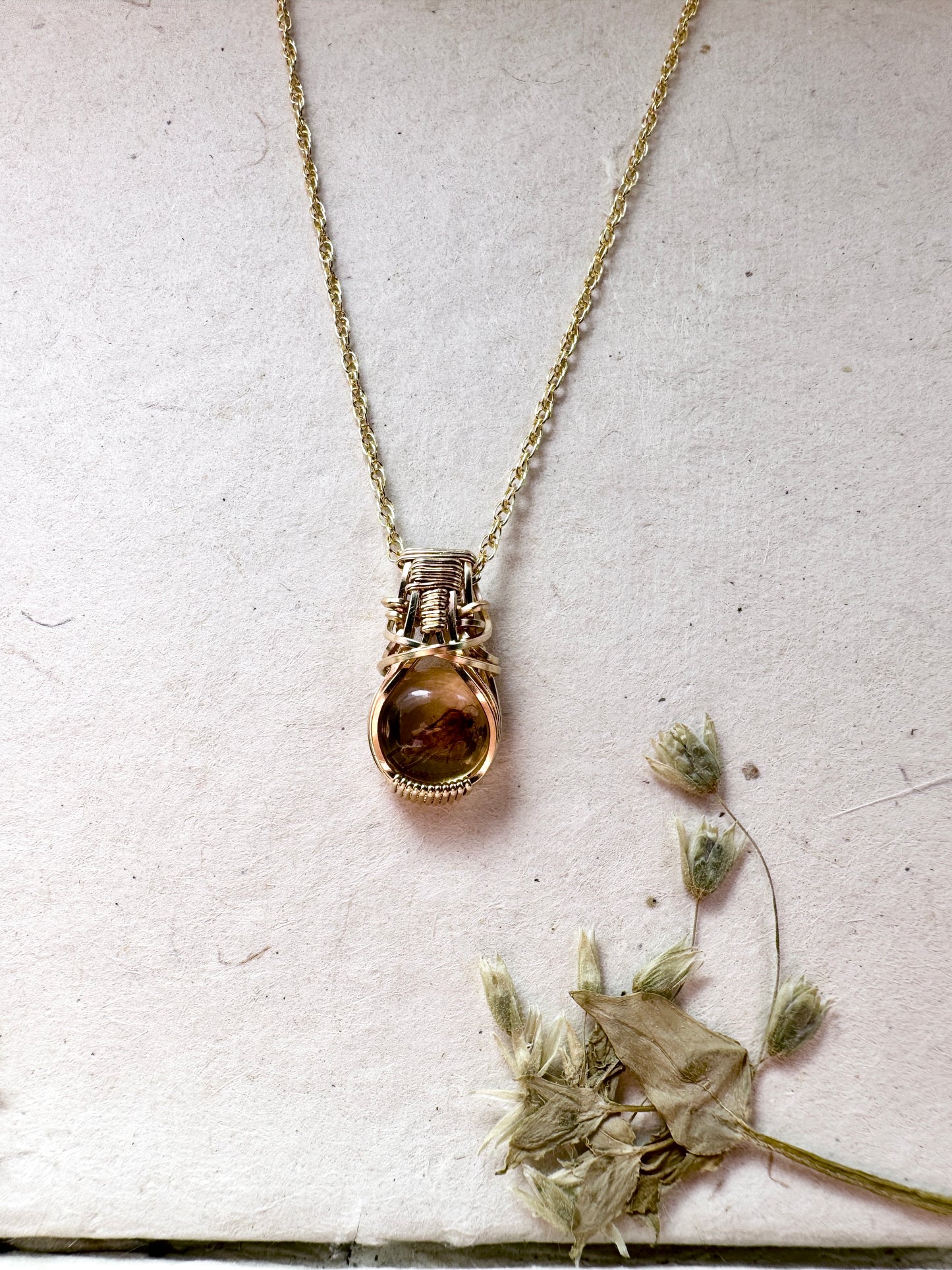 RARE: Amber with Bug Mini Wire Wrapped Necklace in 14K Yellow Gold Fill