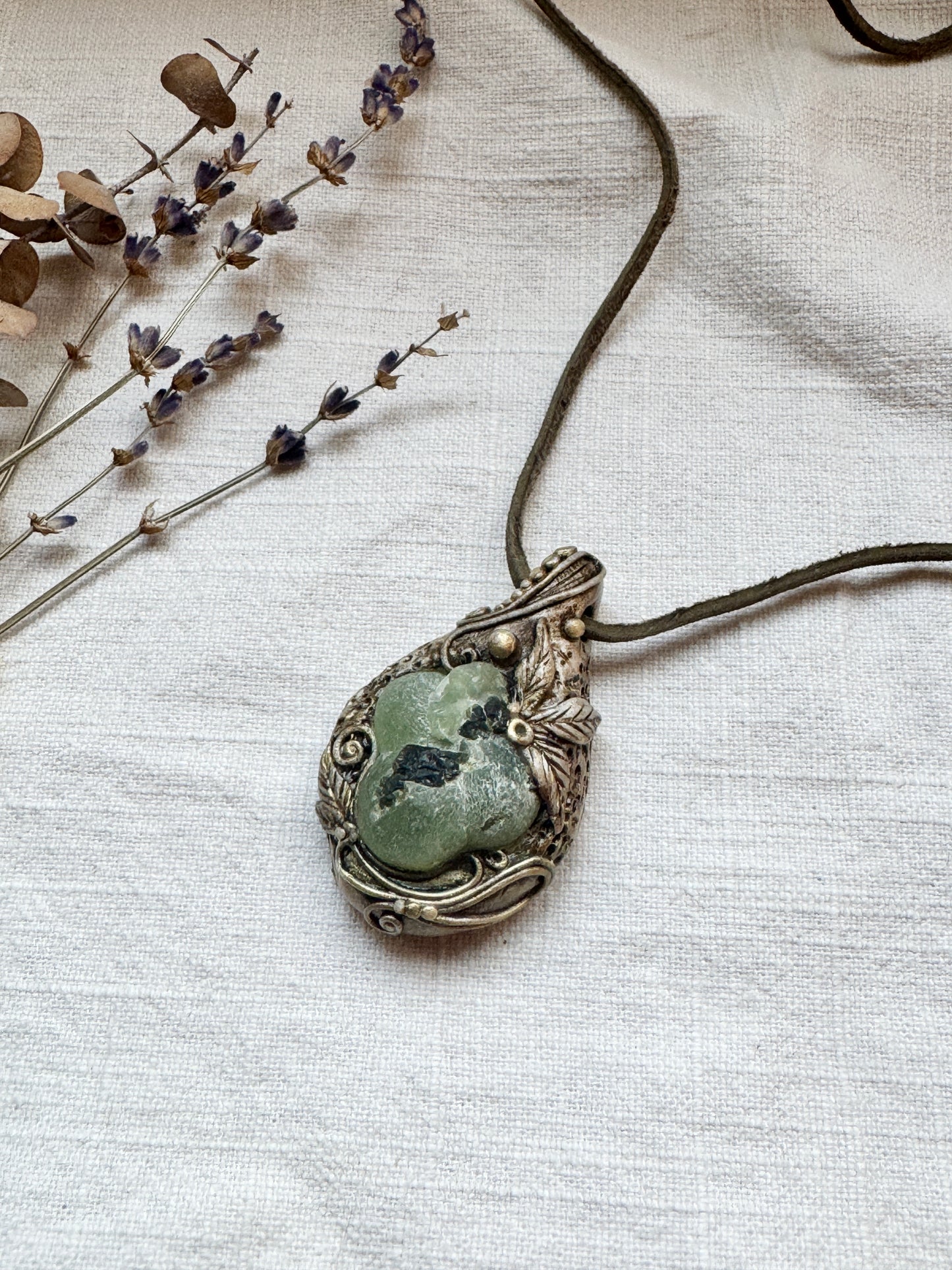 Raw Prehnite and Epidote Woodland Necklace - Clay and Crystal Handmade Pendant on Green Suede Cord