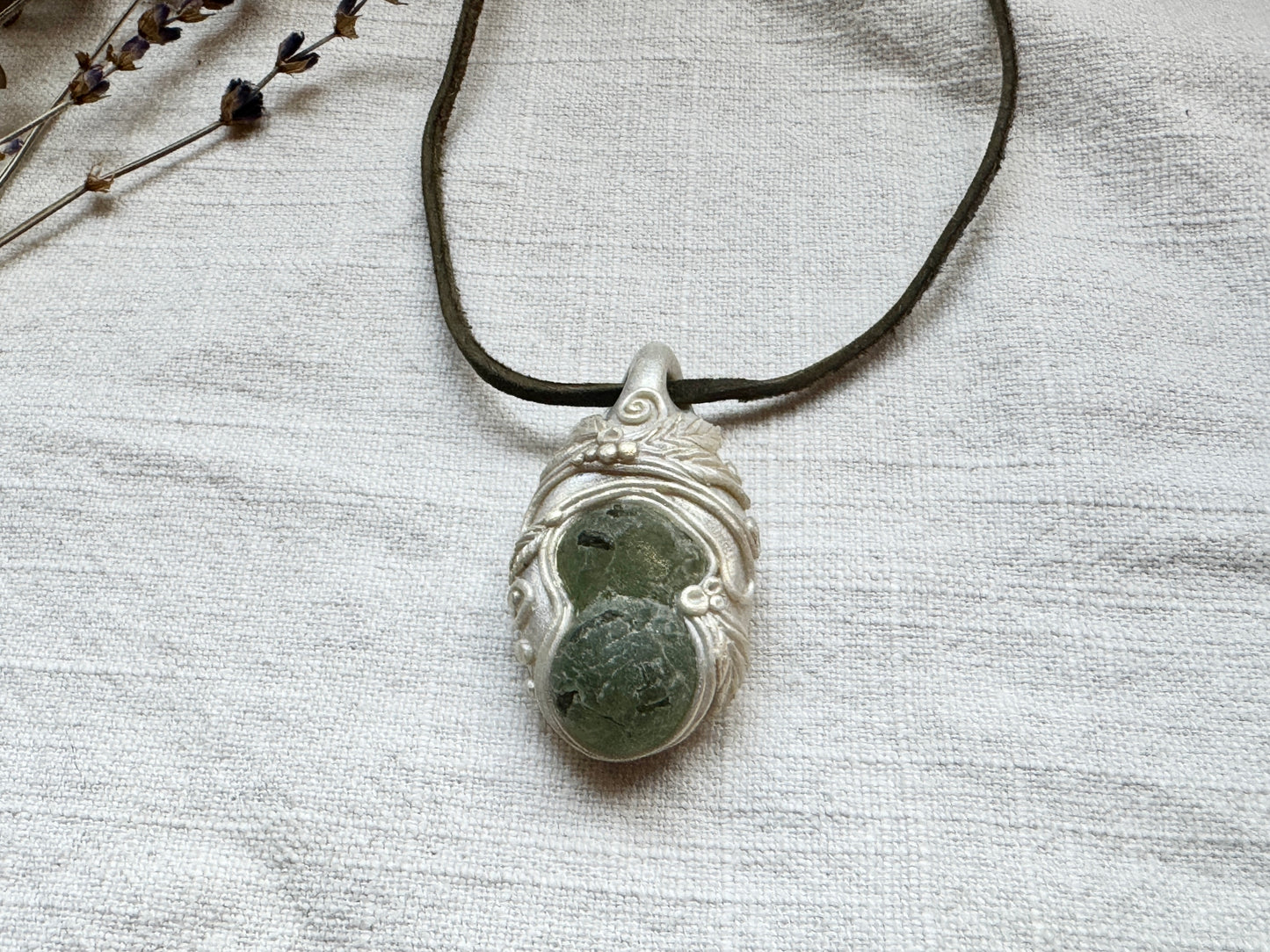 Raw Prehnite and Epidote Woodland Necklace - Clay and Crystal Handmade Pendant on Green Suede Cord