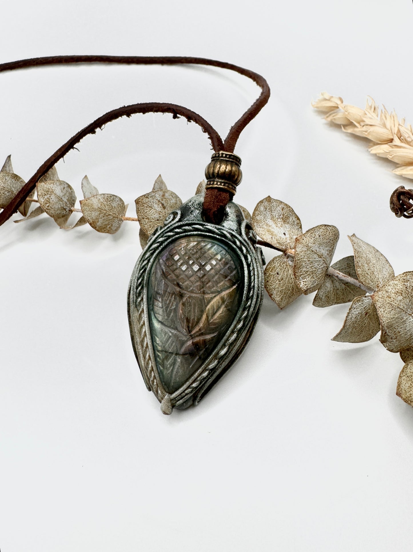 Carved Labradorite Thistle Flower Clay Woodland Pendant