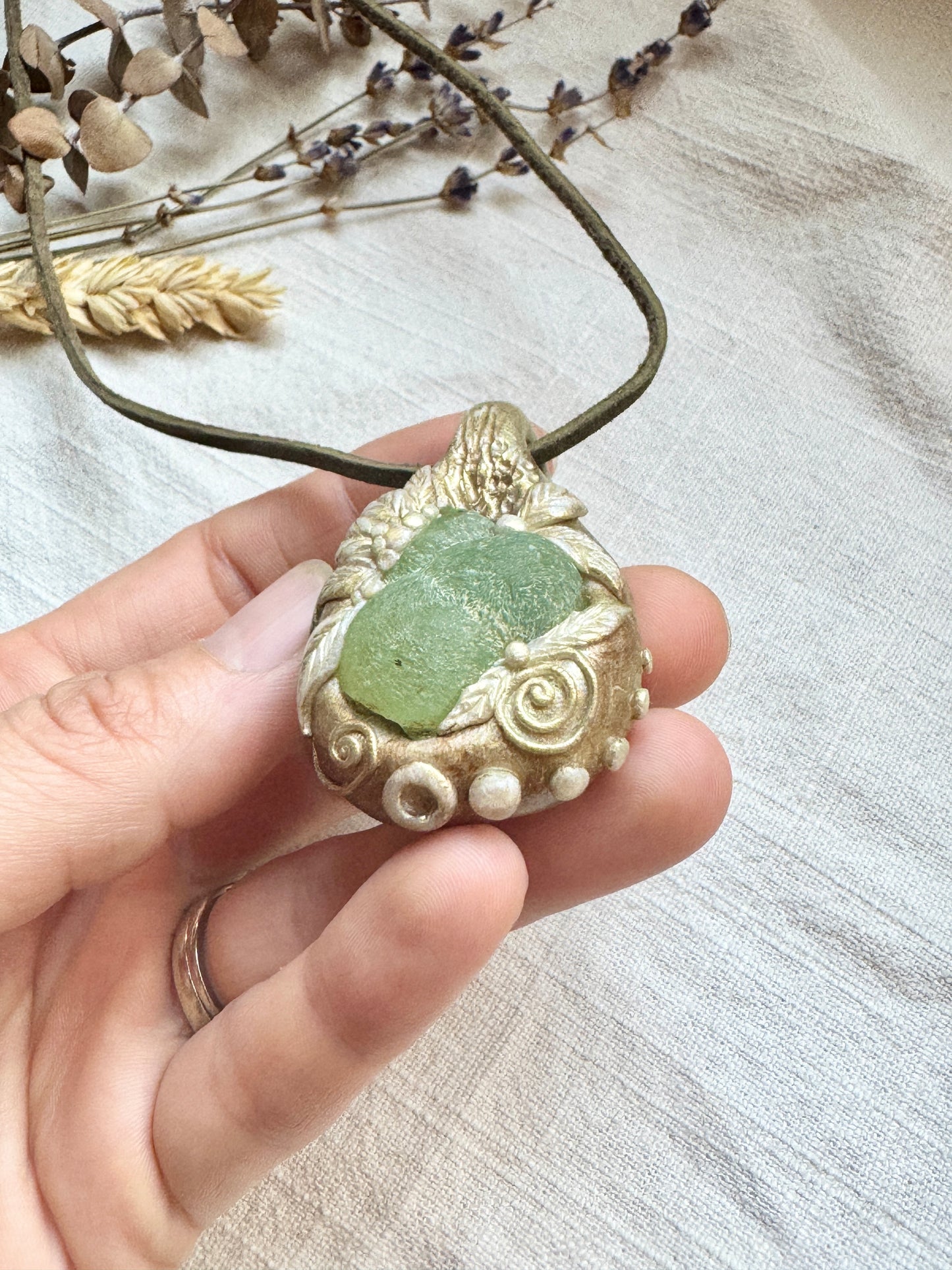 Raw Prehnite Woodland Necklace - Clay and Crystal Handmade Pendant on Green Suede Cord