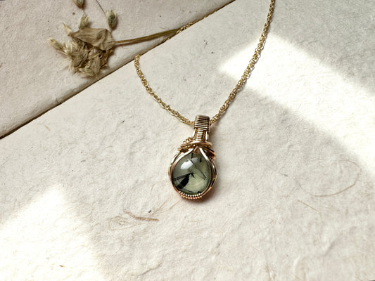 Prehnite and Tourmaline Mini Wire Wrapped Necklace in 14K Yellow Gold Fill